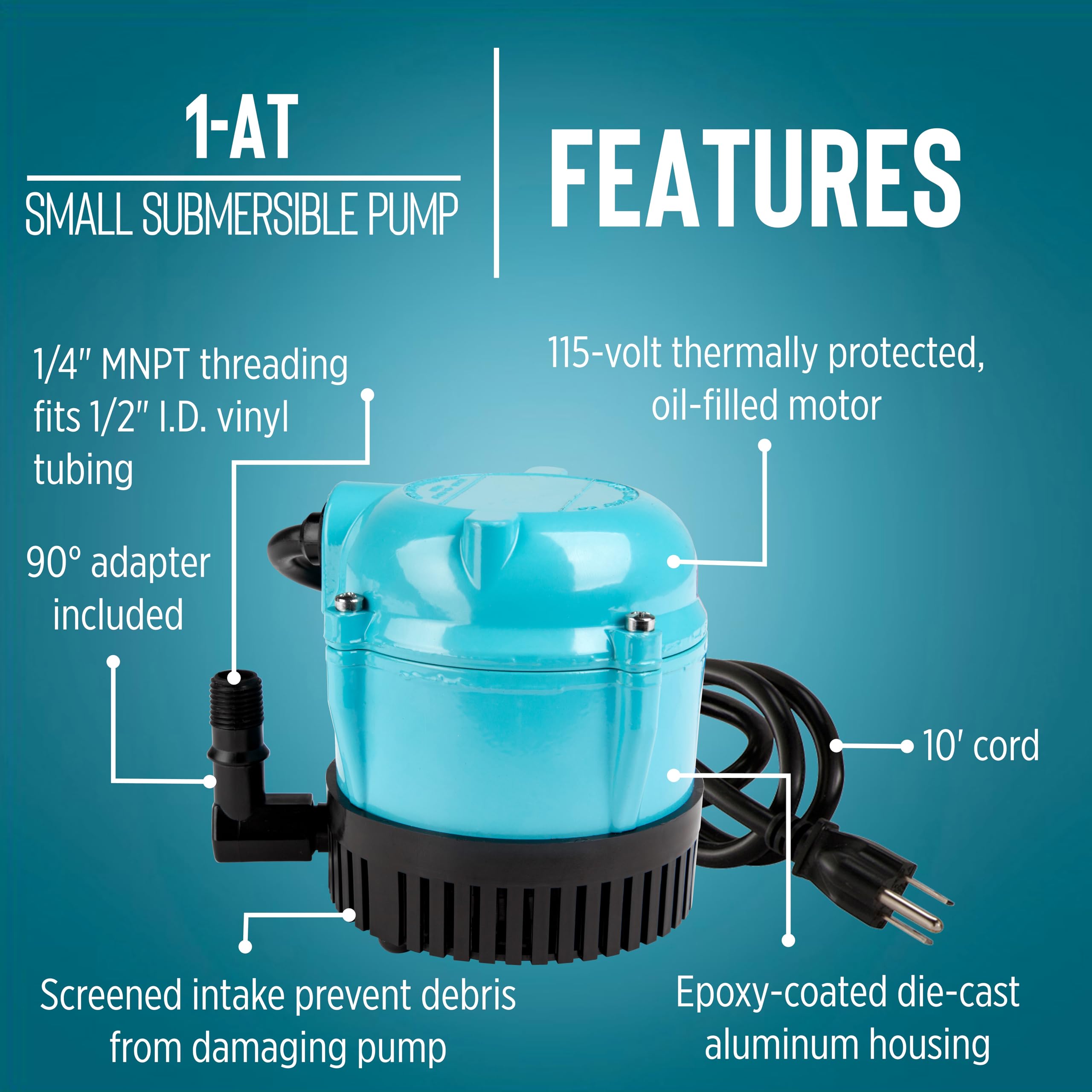 Little Giant 1-at 170 GPH - Cable sumergible pequeño de 10 pies, Bomba Achique Agua (500286)