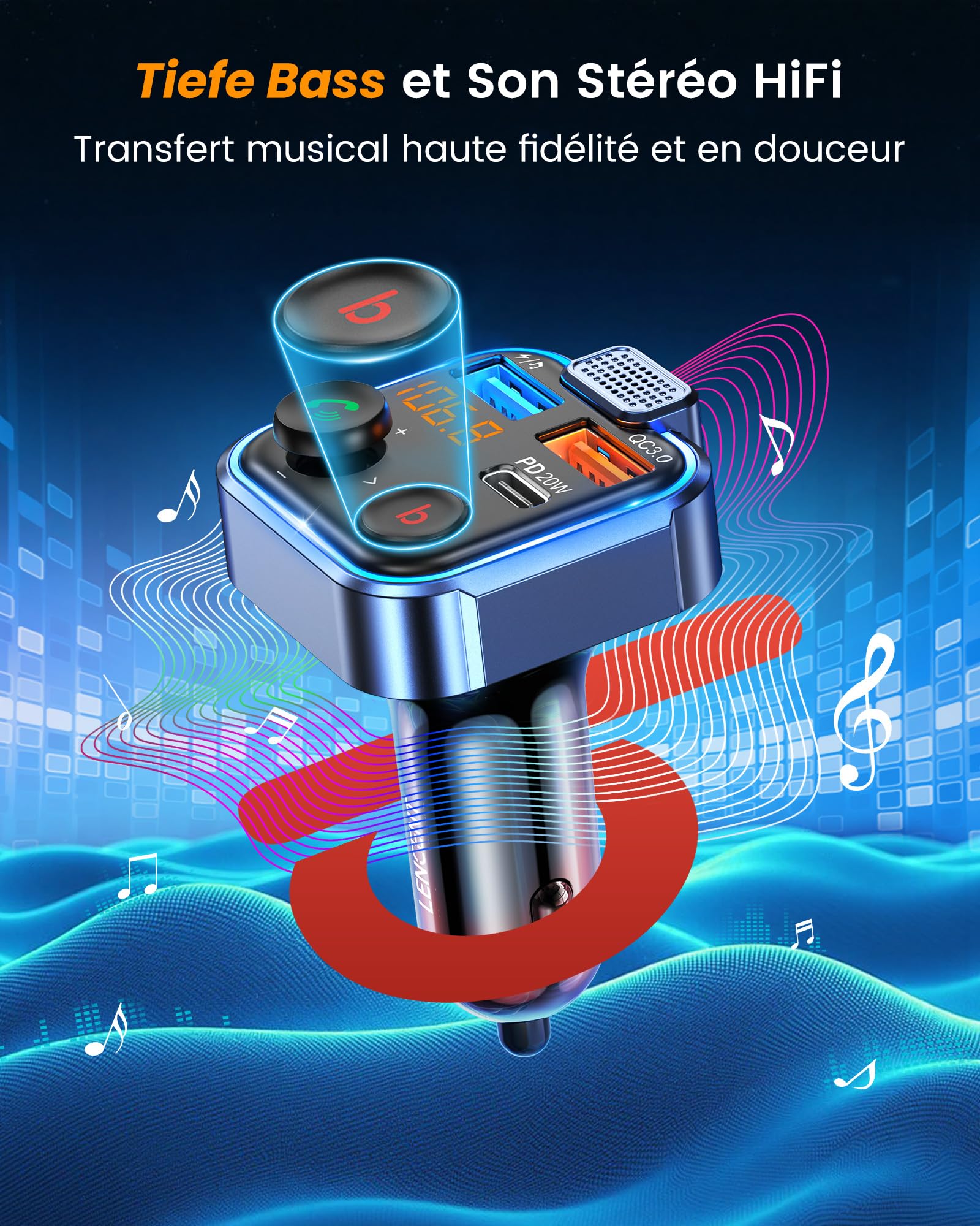 LENCENT Transmetteur FM Voiture, Allume Cigare Bluetooth 5.3 Émetteur Radio, Chargeur Rapide PD 20W Type C+ QC3.0, Appels Mains Libres, Lecteur de Musique MP3 Basse Support U Disk