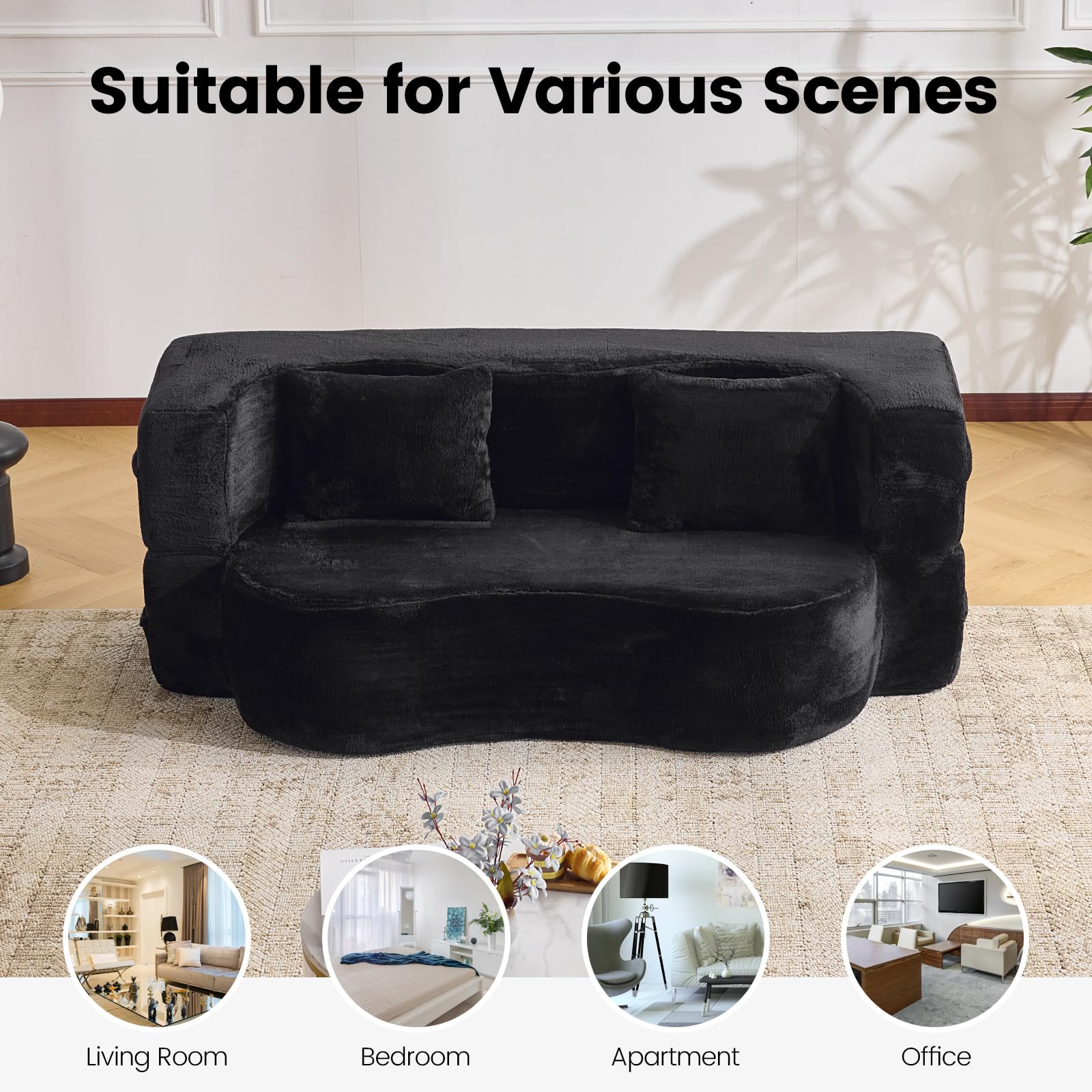 Orynveela Convertible Folding Sofa Bed, 78” Full Size Floor Sleeper Couch, Chenille Full Foam Futon Loveseat for Living Room Bedroom, No Assembly Required (Green): 71" Black