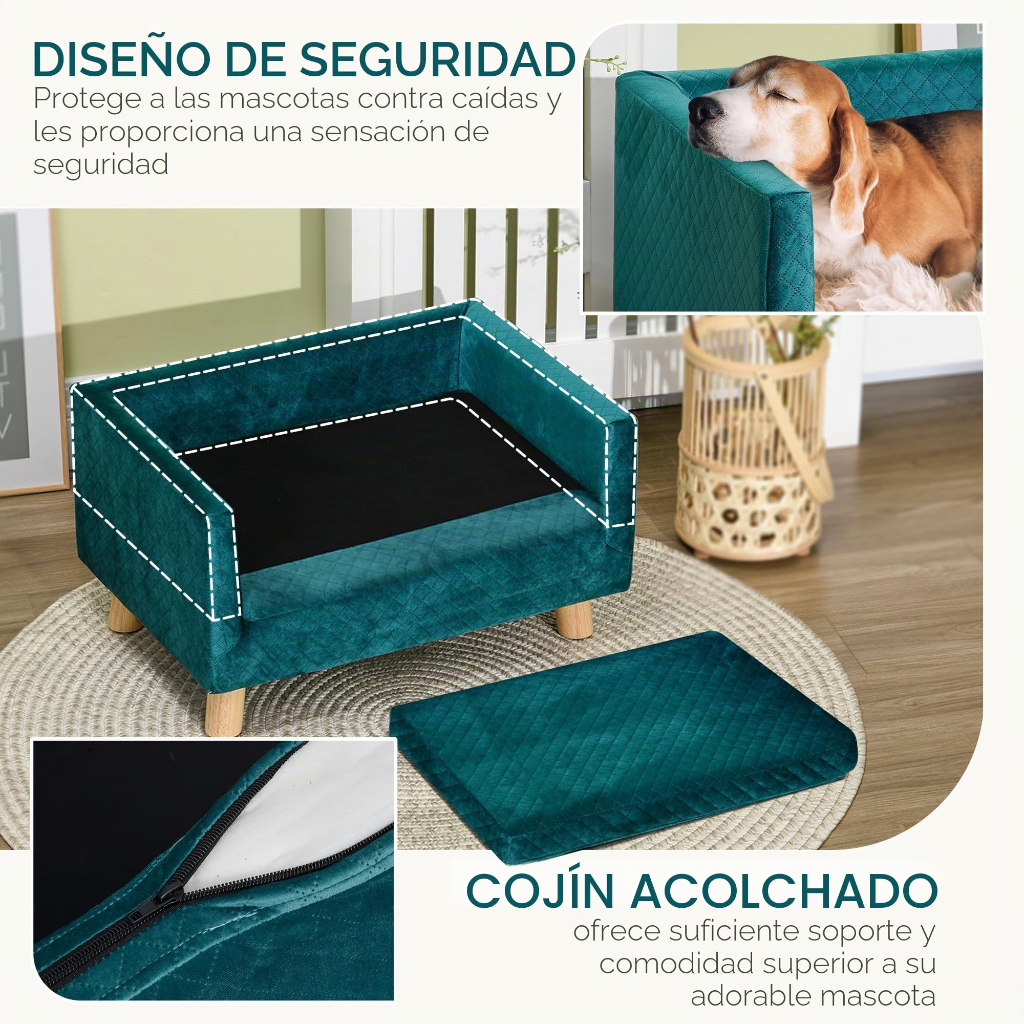 PawHut Sofá para Perros Cama para Perros Diseño escandinavo Cojín suave Patas de madera maciza dim. 64 x 45 x 36 cm Terciopelo Azul Pato
