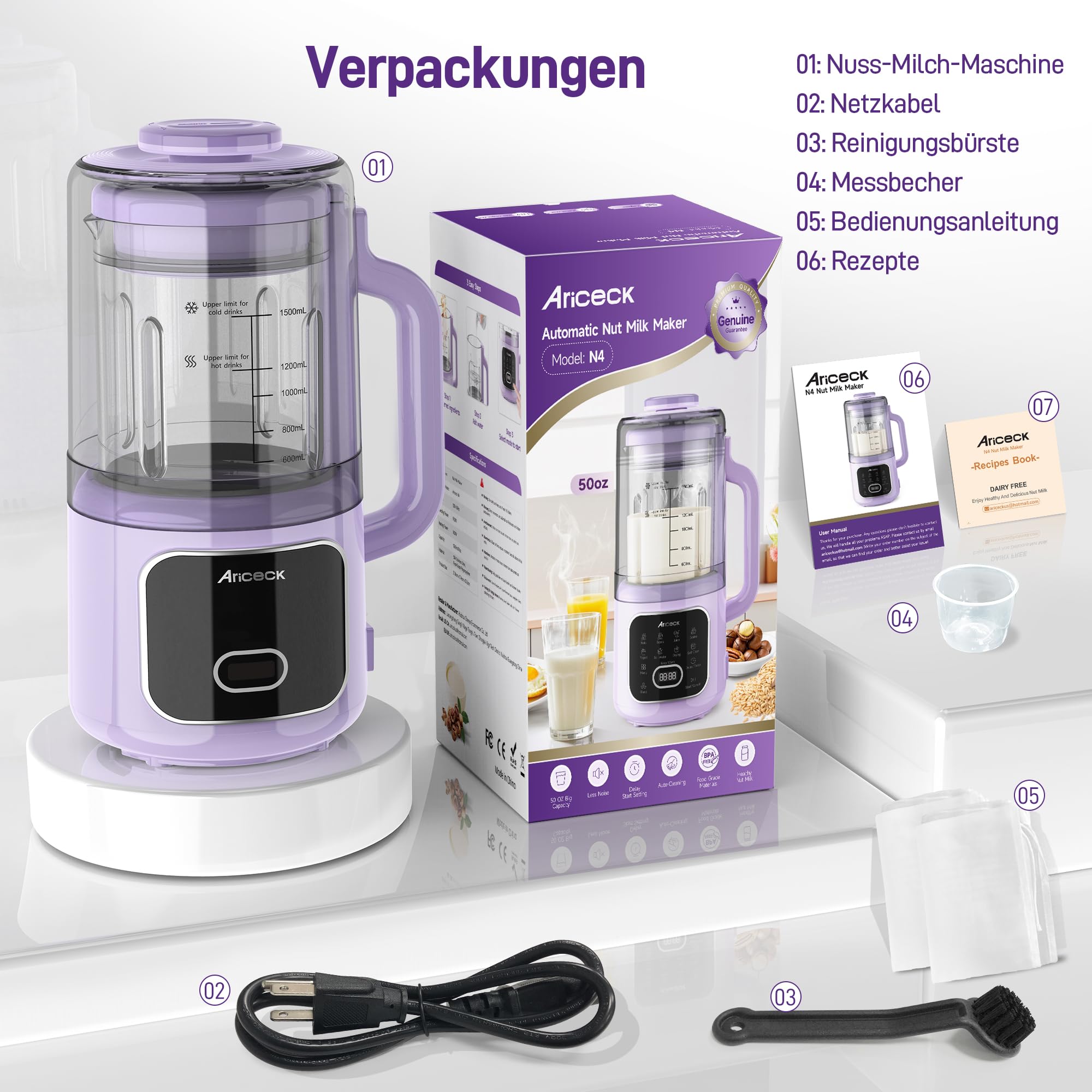 N4 Macchina per Latte di Soia, con Funzione Autopulente – Ideale per latte di mandorla, latte di soia e frullati – 1500ML – Motore ad alta potenza da 800 W – Ricettario incluso – Senza BPA