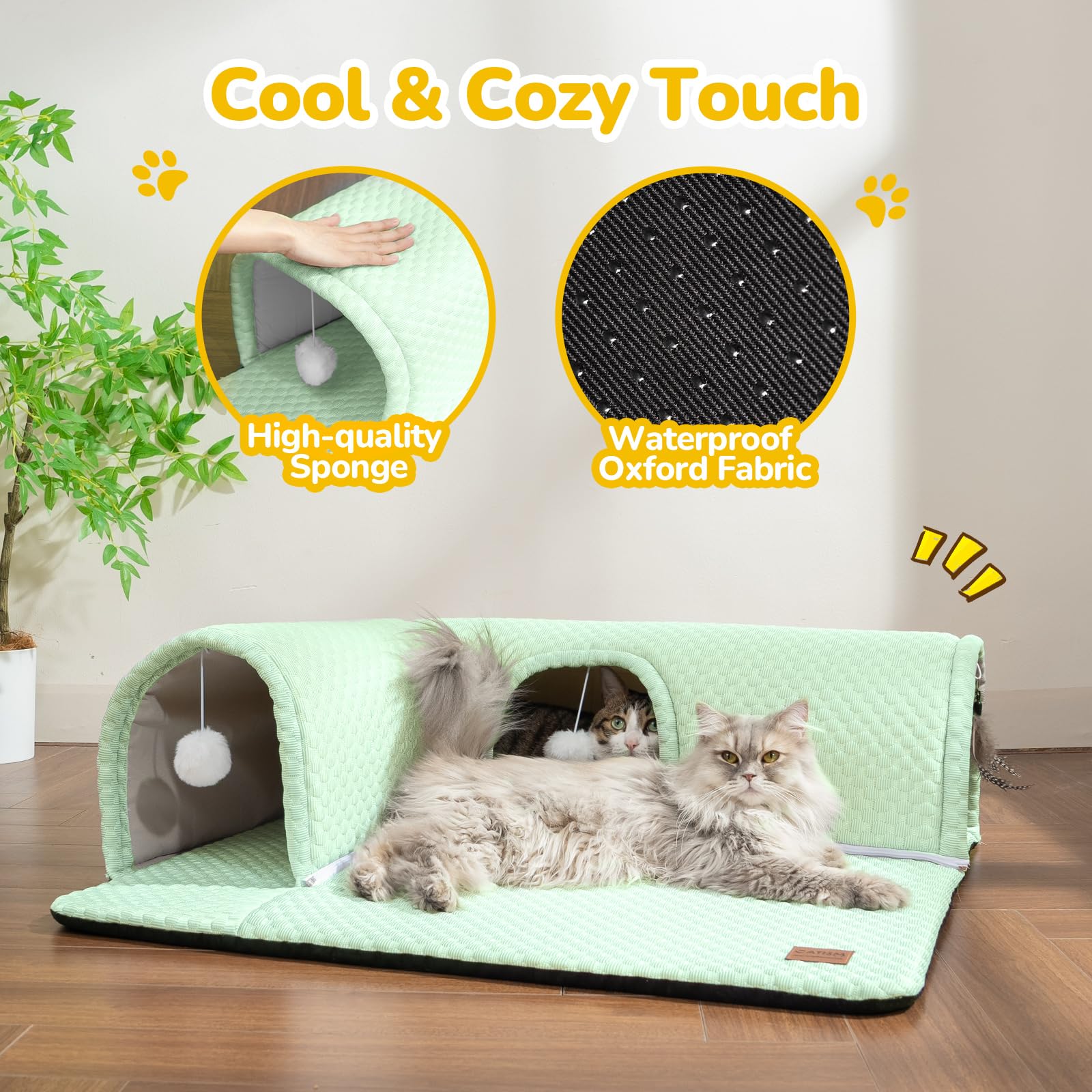 CATISM Lit pour chat avec tunnel - Tunnel pour chat d'intérieur - Ports à 3 voies - 3 jouets - Tapis amovible - Tunnel doux - Grande grotte - Tapis antidérapant - Lit tube pour chaton, furet et petits