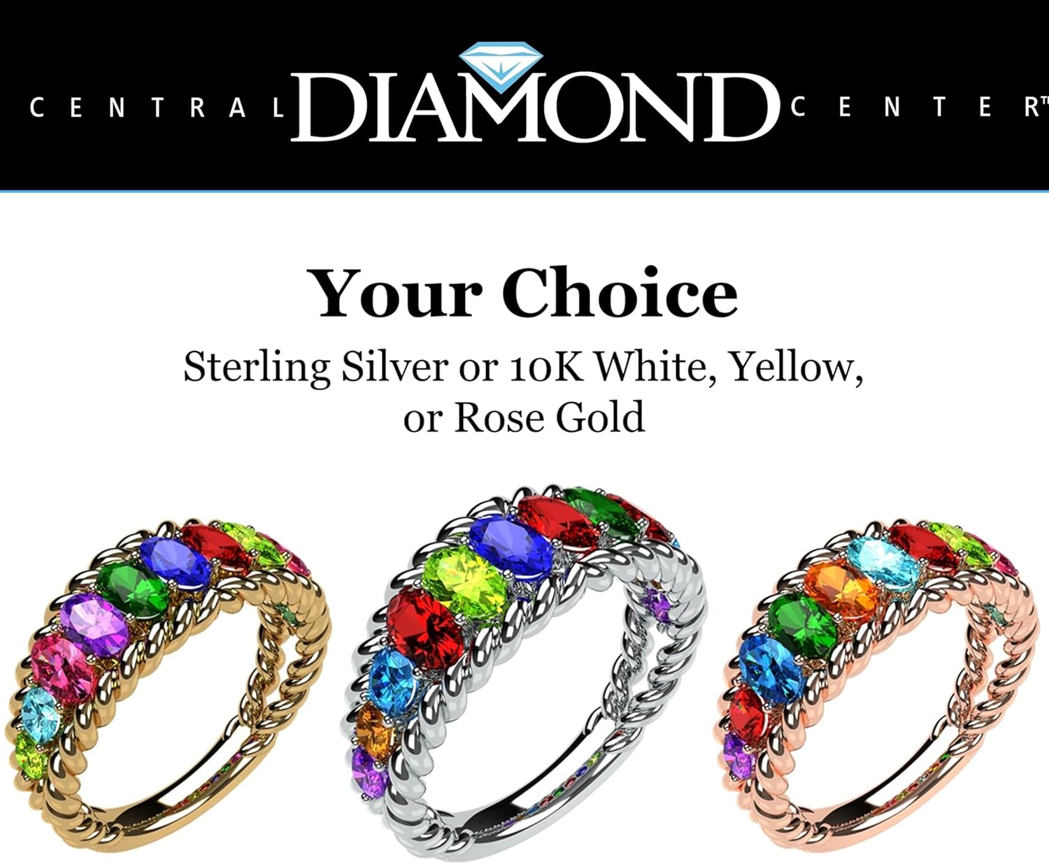 Central Diamond Center Oval Rope Mothers Birthstone Ring w/ 1 to 12 Simulated Gemstones in Sterling Silver, 10K, or 14K Gold For Women
