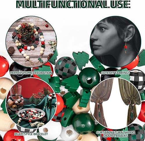 Miniatura 4 de Cuentas de madera de Navidad de 0.63 pulgadas, cuentas de madera rústicas de granja y cuentas en forma de árbol de Navidad de 0.47 pulgadas con