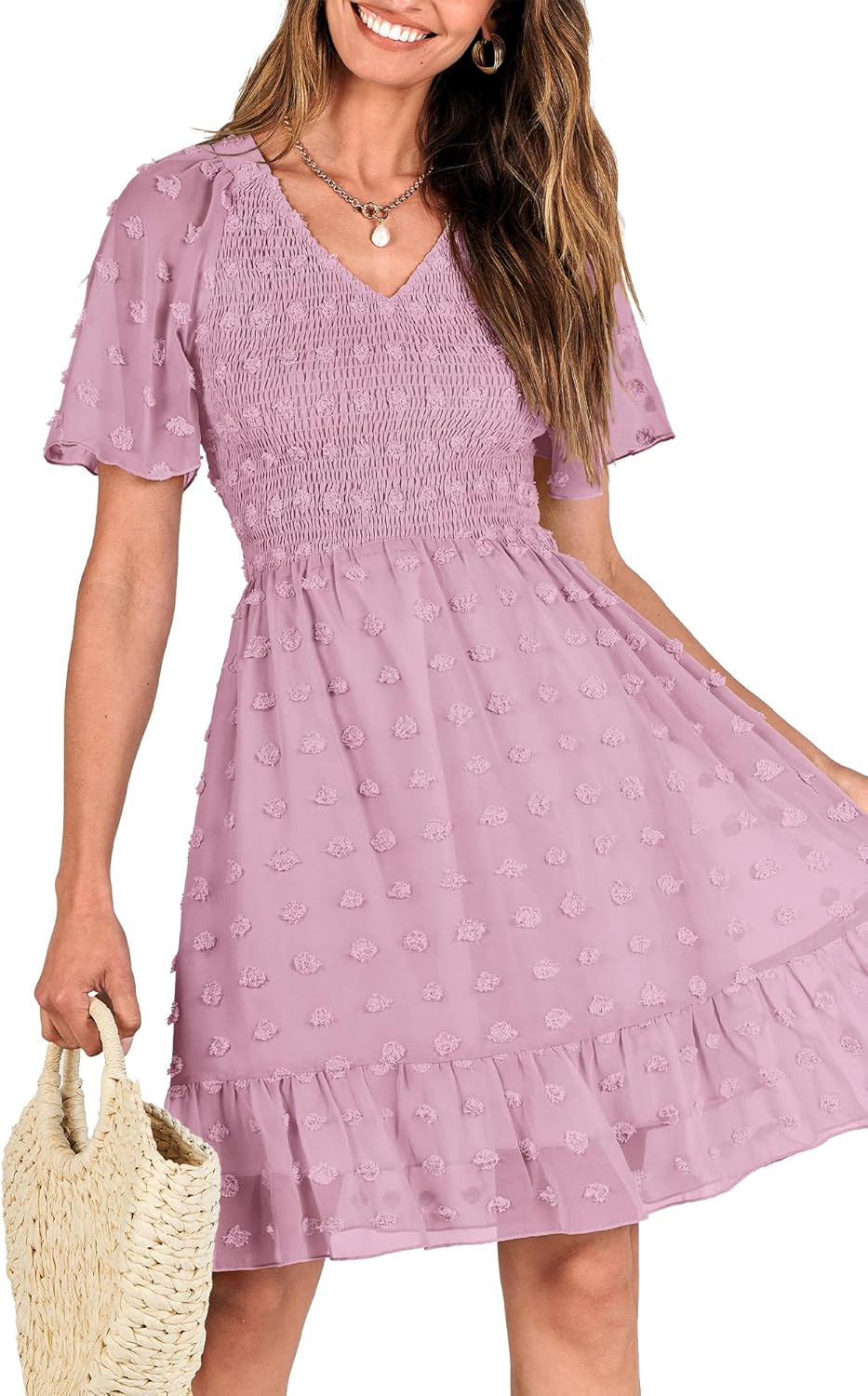 BTFBM Womens Beach Vacation Dress Summer 2026 V Neck Short Sleeve Smocked Swiss Dot Ruffle Casual Spring Mini Dresses - Image 5