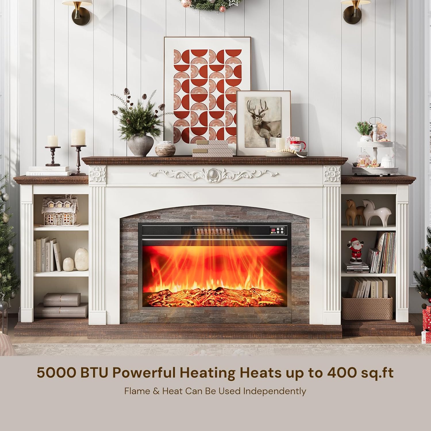 80" Electric Fireplace TV Stand for TVs Up to 90", Modern Entertainment Center with Realistic Stacked Stone Surround, Wooden Carved Mantel, Media Console with Storage for Living Room, White