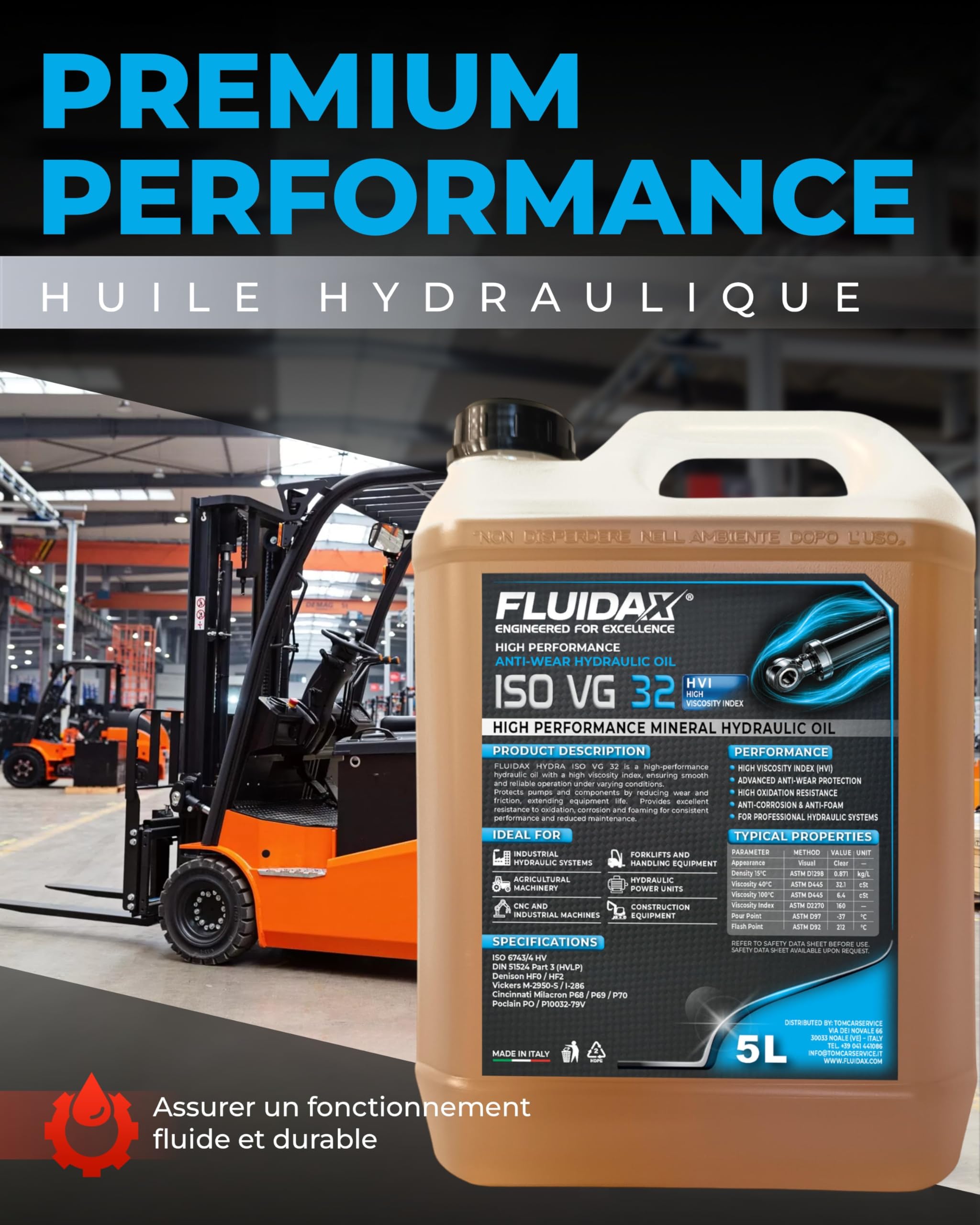Huile Hydraulique ISO VG 32 HVI 5 Litres – Haute Performance, Anti-Usure et Haute Stabilité Thermique – Pour Systèmes Hydrauliques, Machines Industrielles et Agricoles