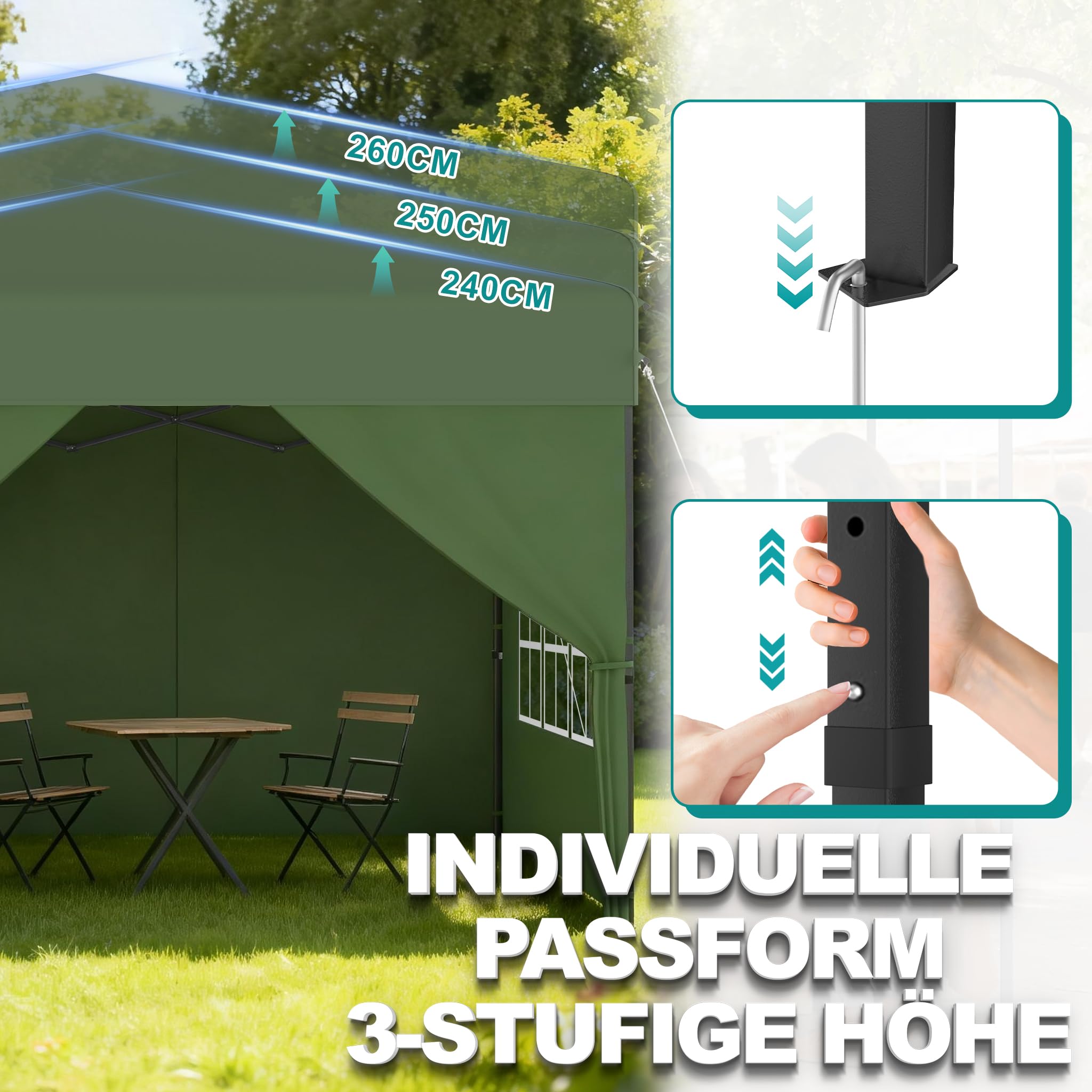 ACXIN Gazebo 2,5 x 2,5 m tenda pop-up pieghevole con 3 livelli di altezza regolabile, tenda per feste con tetto argento-Oxford, gazebo da giardino con corde picchetti e borsa per il trasporto (verde