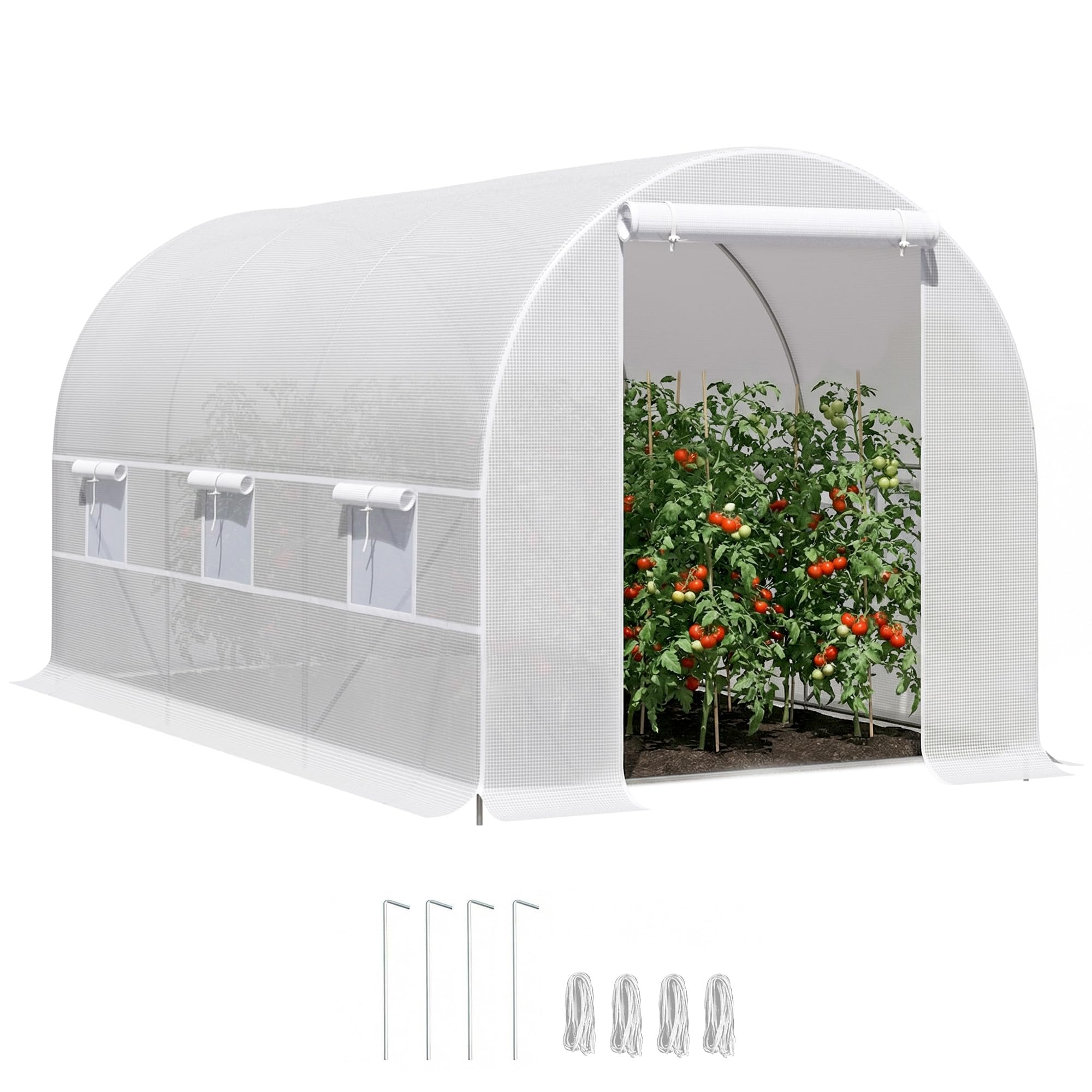 Outsunny Serra da Giardino a Tunnel 4x2x2 m con Porte Avvolgibili e Finestre, Serra per Orto con 4 Rinforzi Diagonali, Struttura in Metallo e Copertura PE, per Orto Verdure Fiori, Bianco