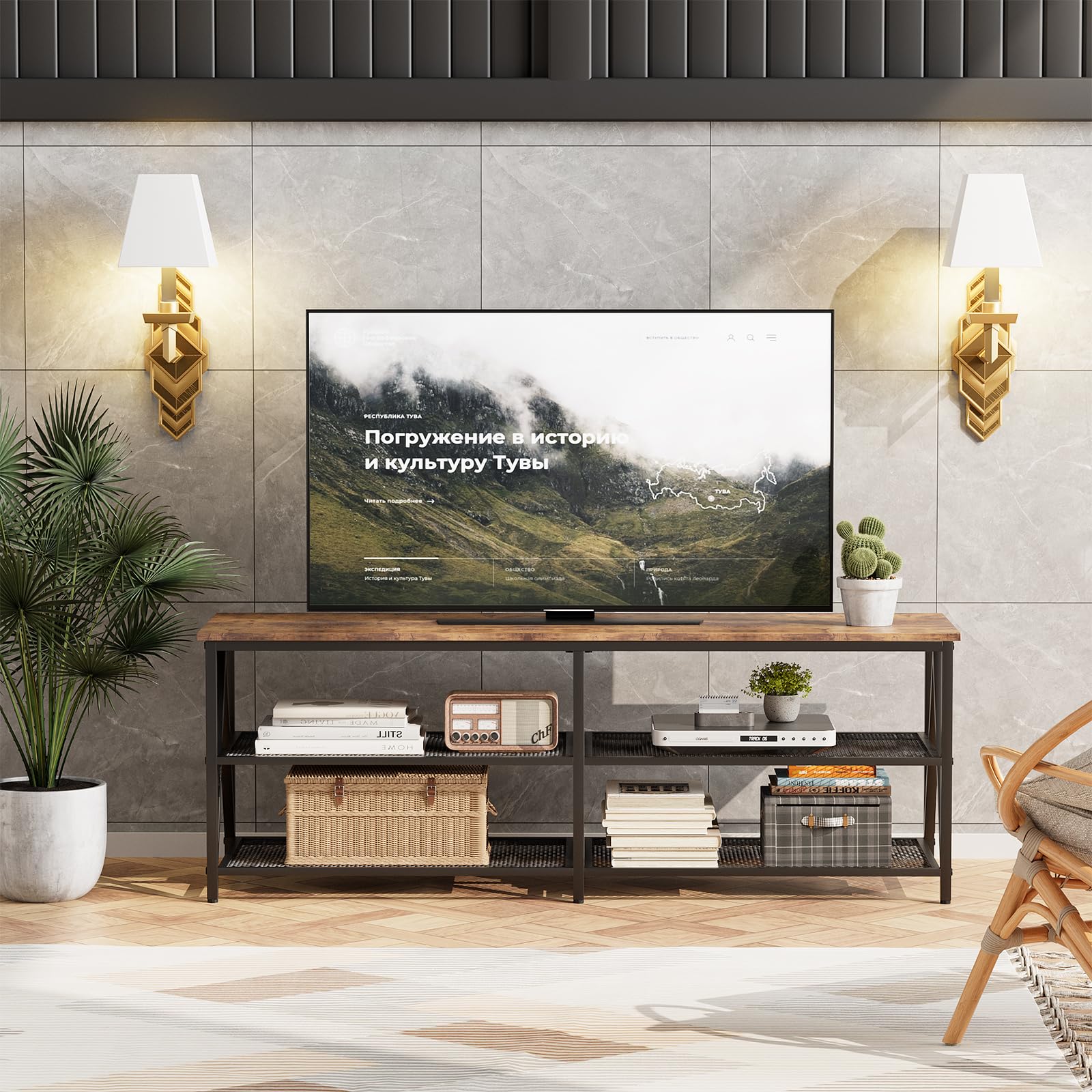 Garden 4 you Tv Tisch,Fernsehtisch,TV-Schrank,Lowboard Tv Schrank für Fernseher bis zu 65 Zoll, Fernsehschrank mit 3 offenen Fächern, TV-Regal Industrie Design, Stahlgestell, 140 x 40 x 50 cm,Braun