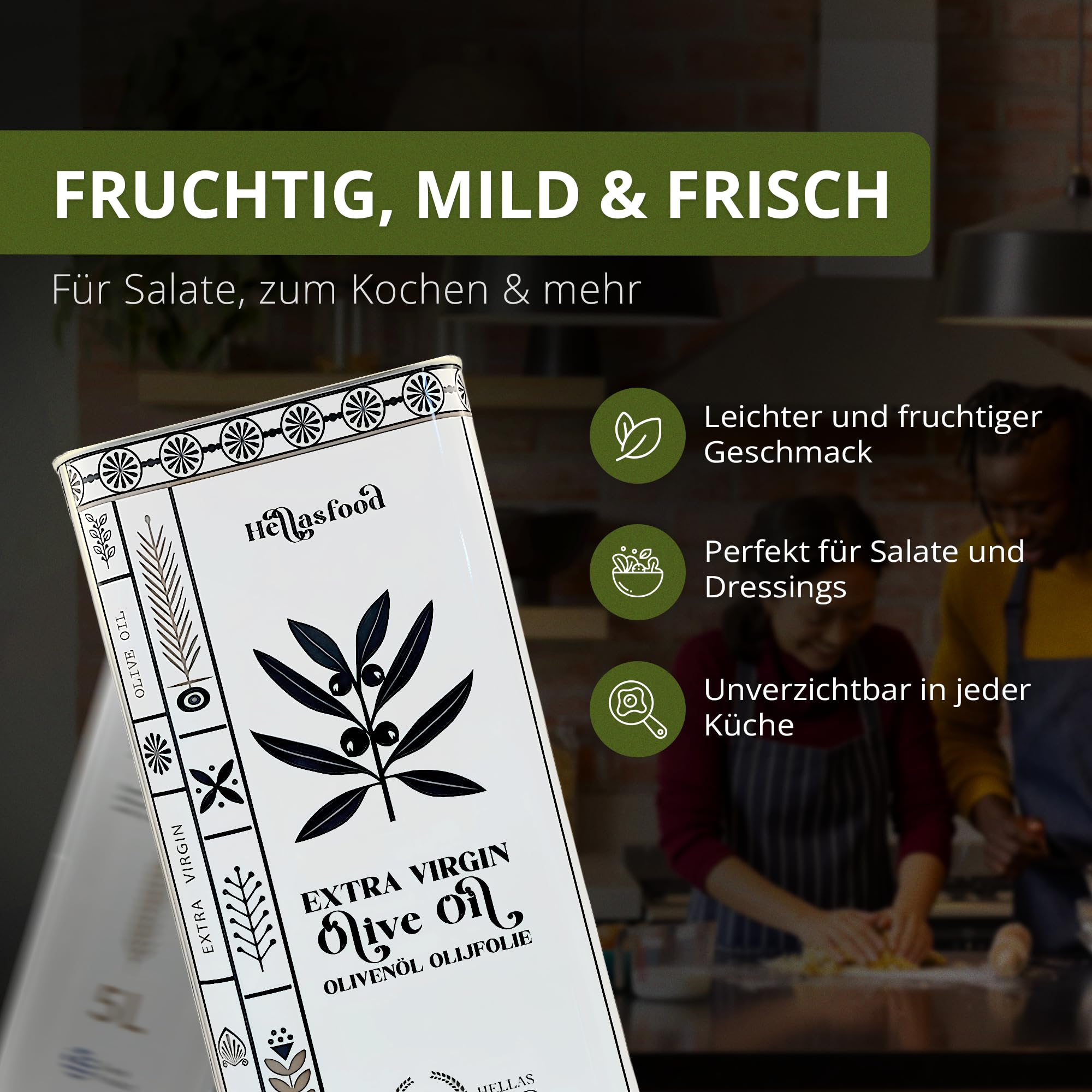 Hellas Food Extra Natives Olivenöl 5 Liter – Kaltgepresst – Premium Blend aus Peloponnes – Fruchtiges Aroma – Reich an Antioxidantien – Ideal zum Kochen & für Salate