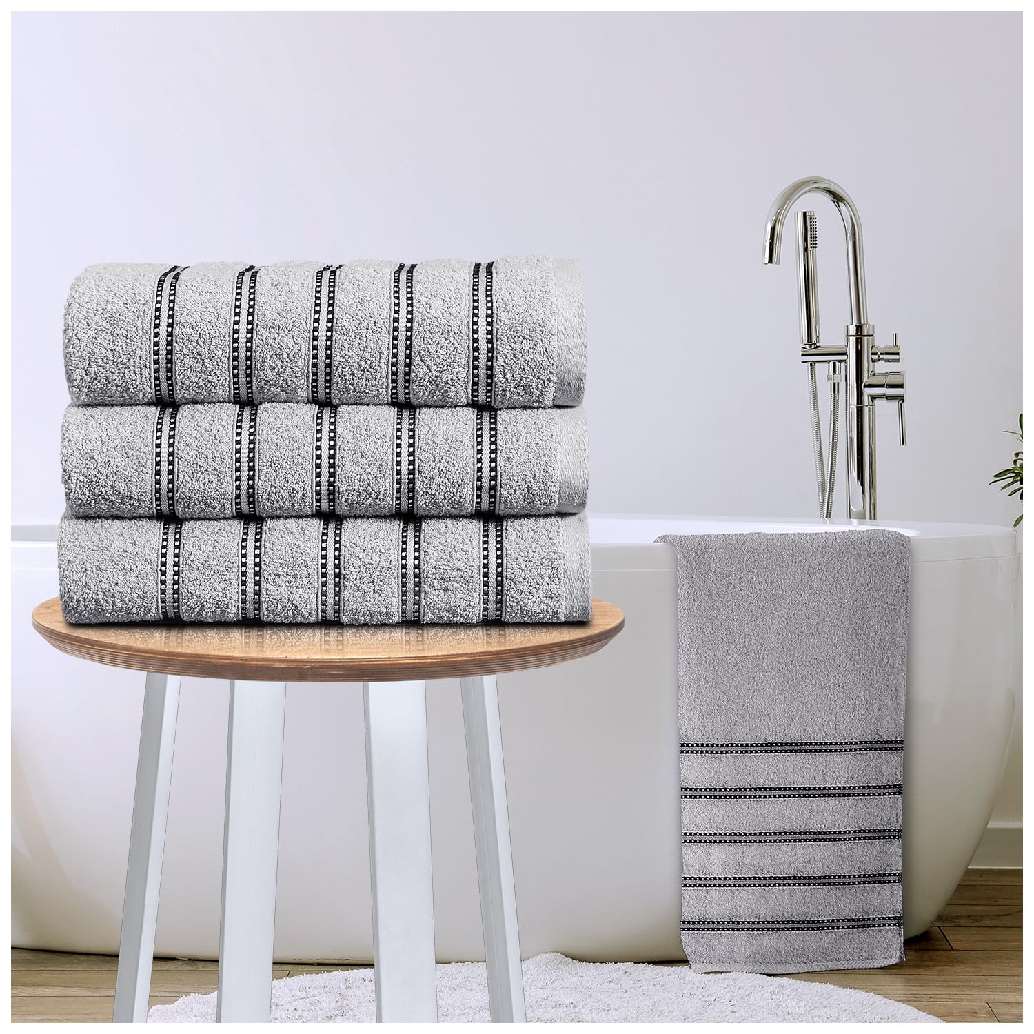 GC GAVENO CAVAILIA Stripe Bath Sheets Extra Large 3Pack | 600GSM Towels Bath Sheets Quick Dry & Water Absorbent Towels Set | Lightweight Hotel Quality Thick Cotton Towel Bath Sheet 90x150 Cm, Grey
