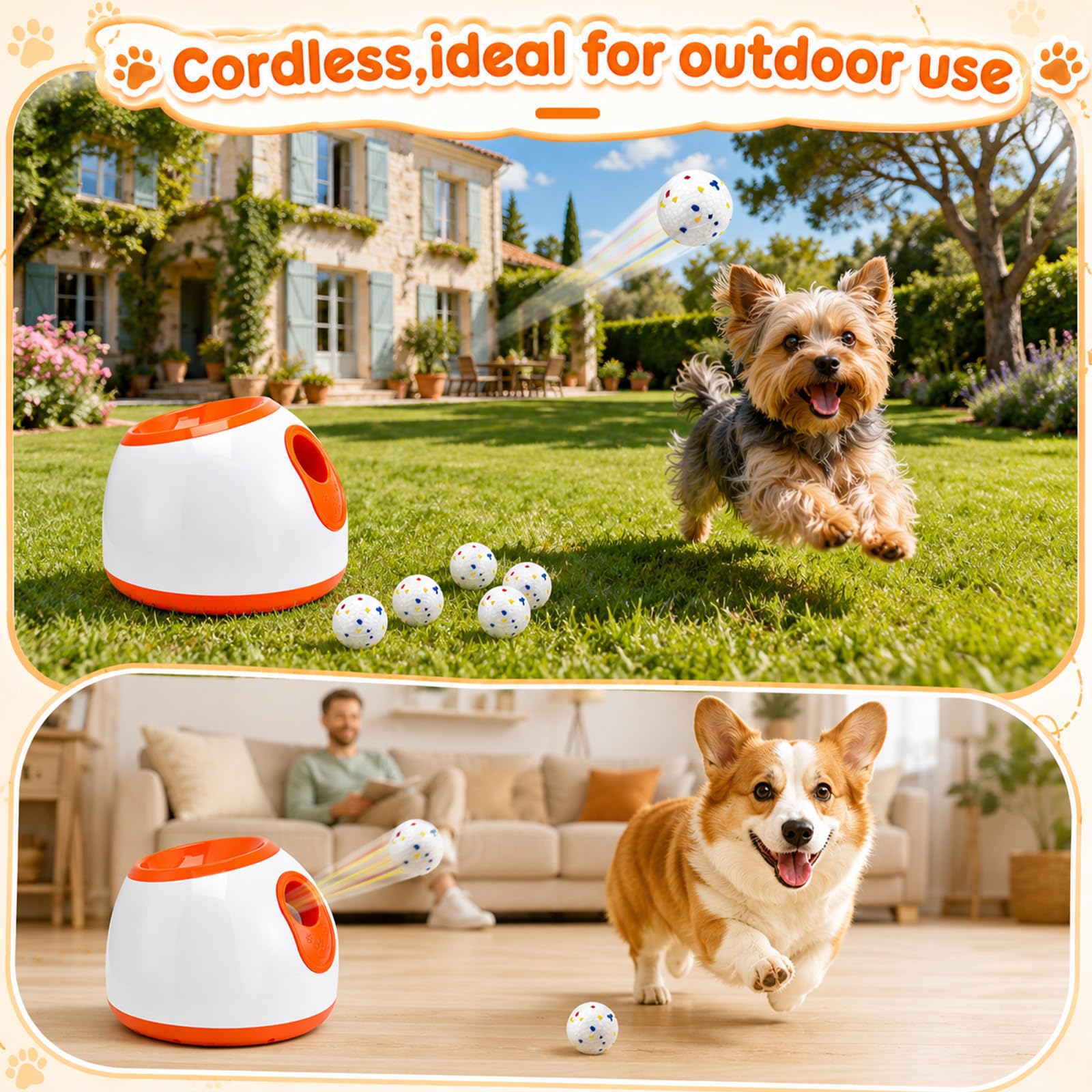 Jouet automatique pour chien avec 3 distances (3-9 m), lanceur de balle interactif pour petits chiens, lanceur de balle électrique pour intérieur et extérieur, 6 balles de maintien incluses, 110-240 V