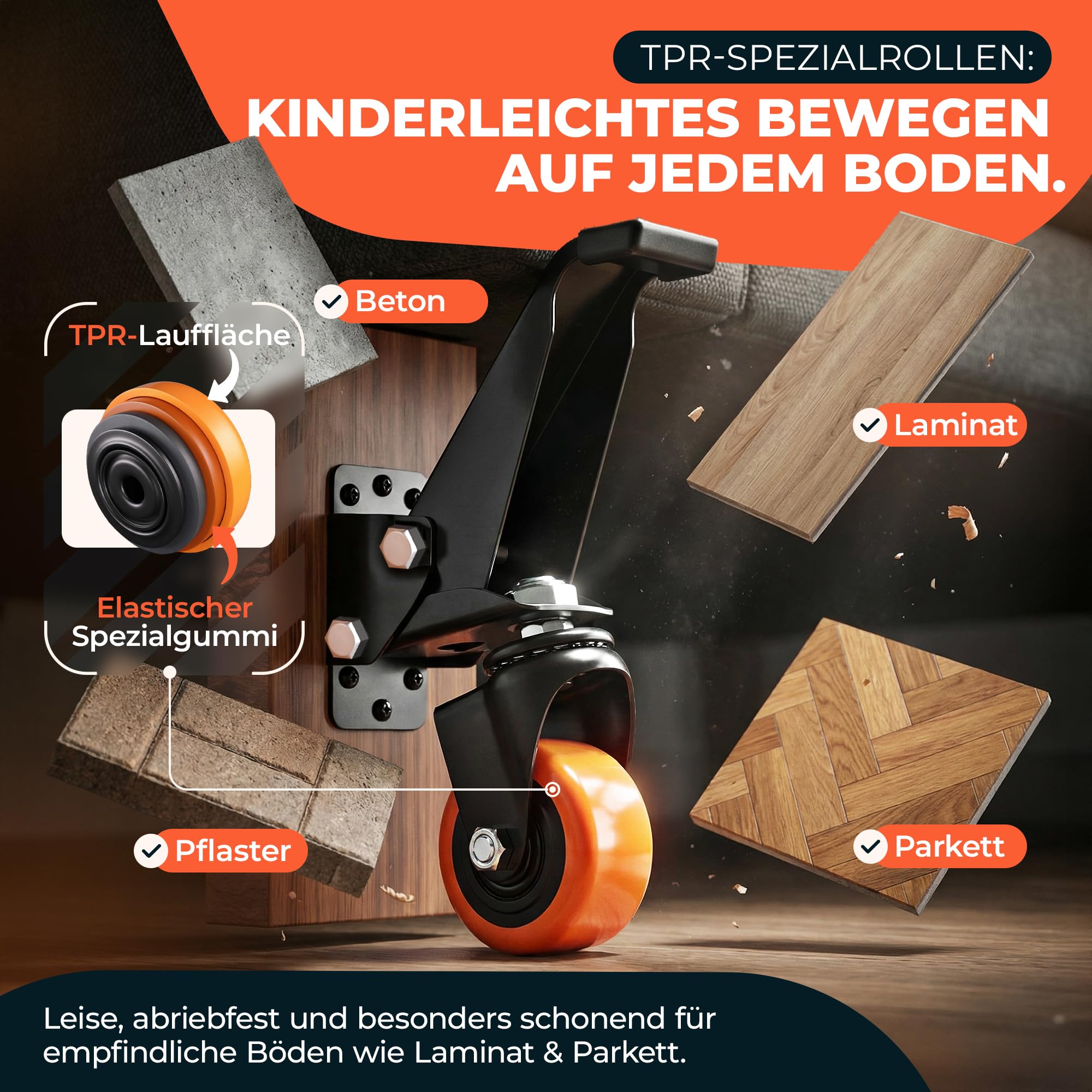 Fortura® schwerlastrollen absenkbar 350kg Tragkraft/Heberollen mit TPR-Rädern leise & bodenschonend, Möbelrollen Schwerlast, fahrbare Werkbank Rollen Set inkl. Zubehör