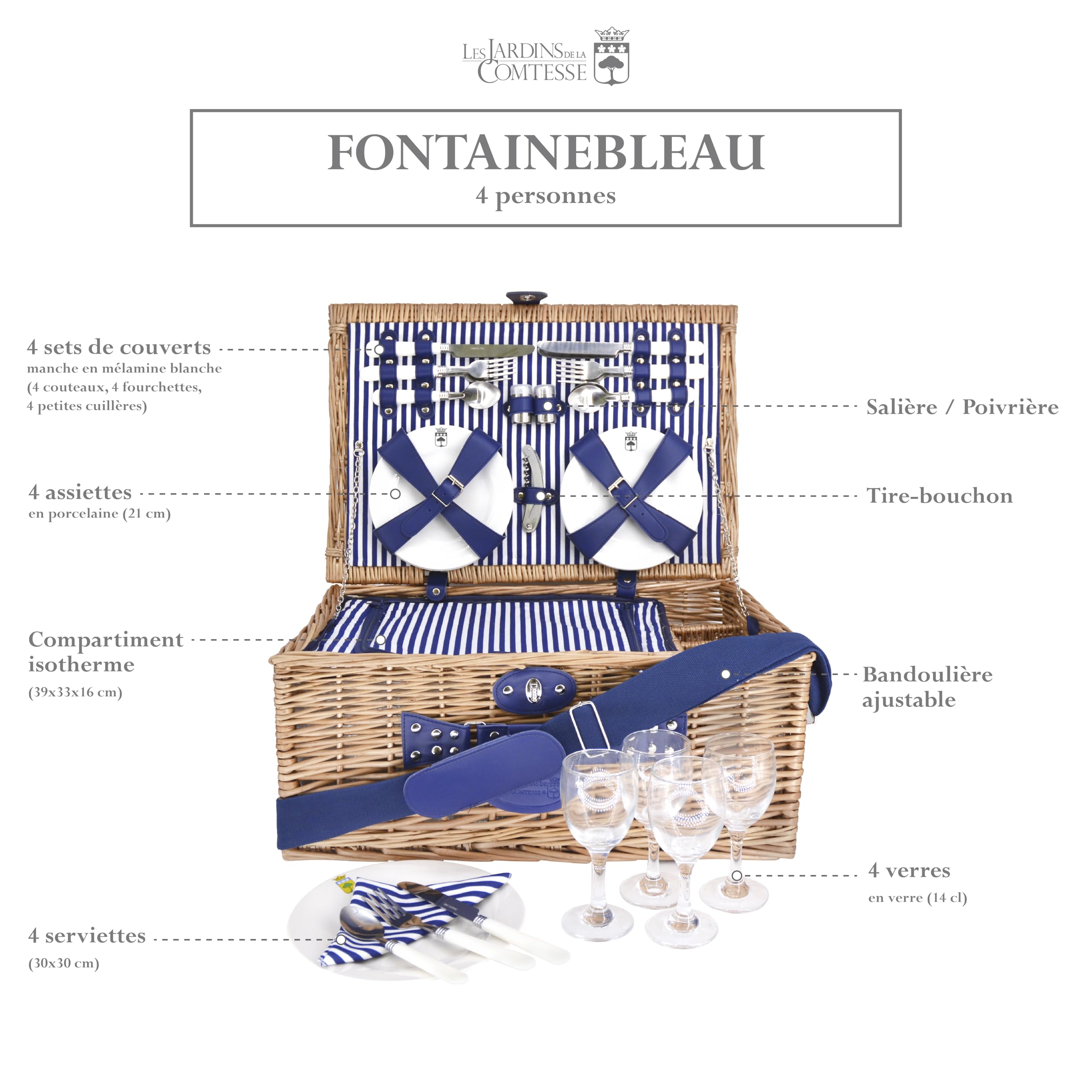 Les Jardins de la Comtesse - Panier Pique-Nique Fontainebleau en Osier - 4 Personnes - Glacière Isotherme/Assiettes Céramiques/Verres à Vin en Verre - Tissu Rayures Verticales Bleues- 50 x 36 x 22 cm