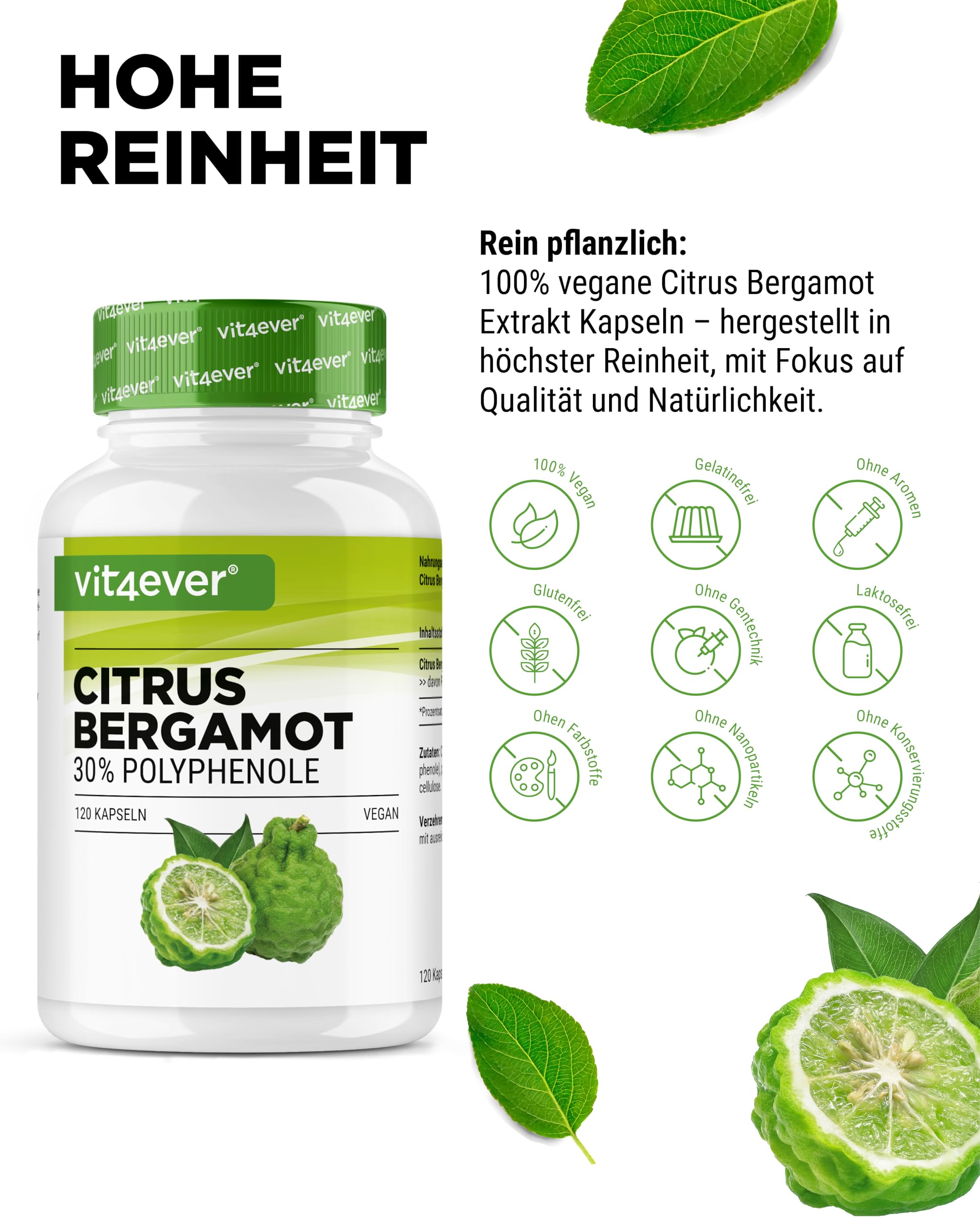 Citrus Bergamot - 120 Kapseln hochdosiert mit je 750 mg Extrakt - Premium: 30% Polyphenole - Kreuzung aus Zitronatzitrone & Bitterorange - Vegan, ohne unnötige Zusätze