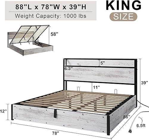 Miniatura 36 de Cama de almacenamiento elevable de tamaño matrimonial, marco de cama de plataforma de madera con cabecera de almacenamiento y estación de carga, no