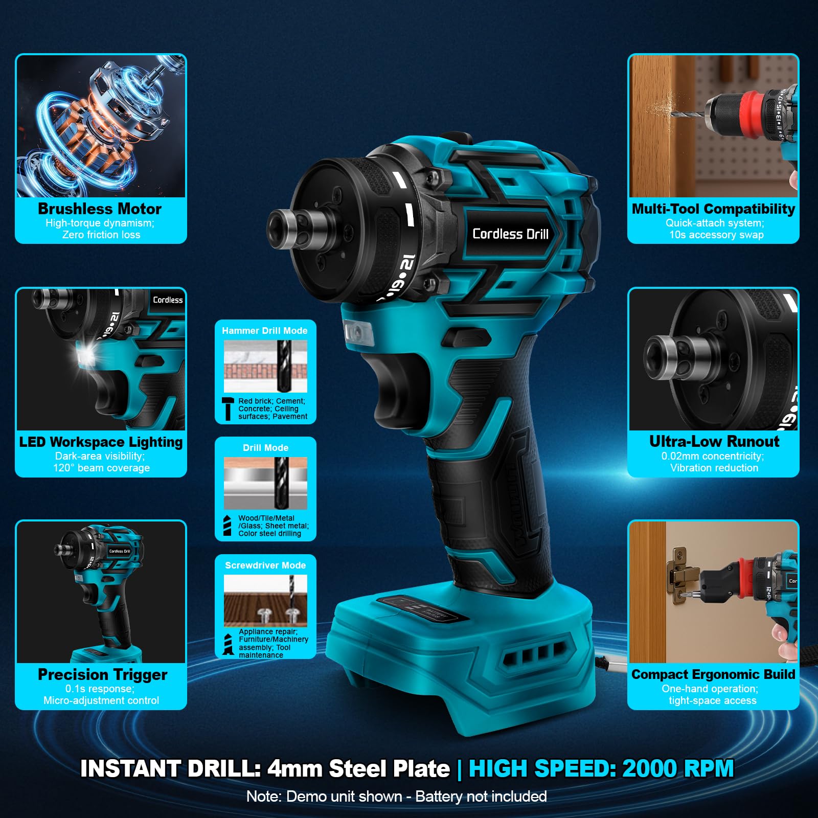 Set di trapano avvitatore a batteria compatibile con Makita 18 V, con 4 mandrini intercambiabili. Elettro utensile compatto e versatile per spazi limitati, ideale per hobbisti e professionisti