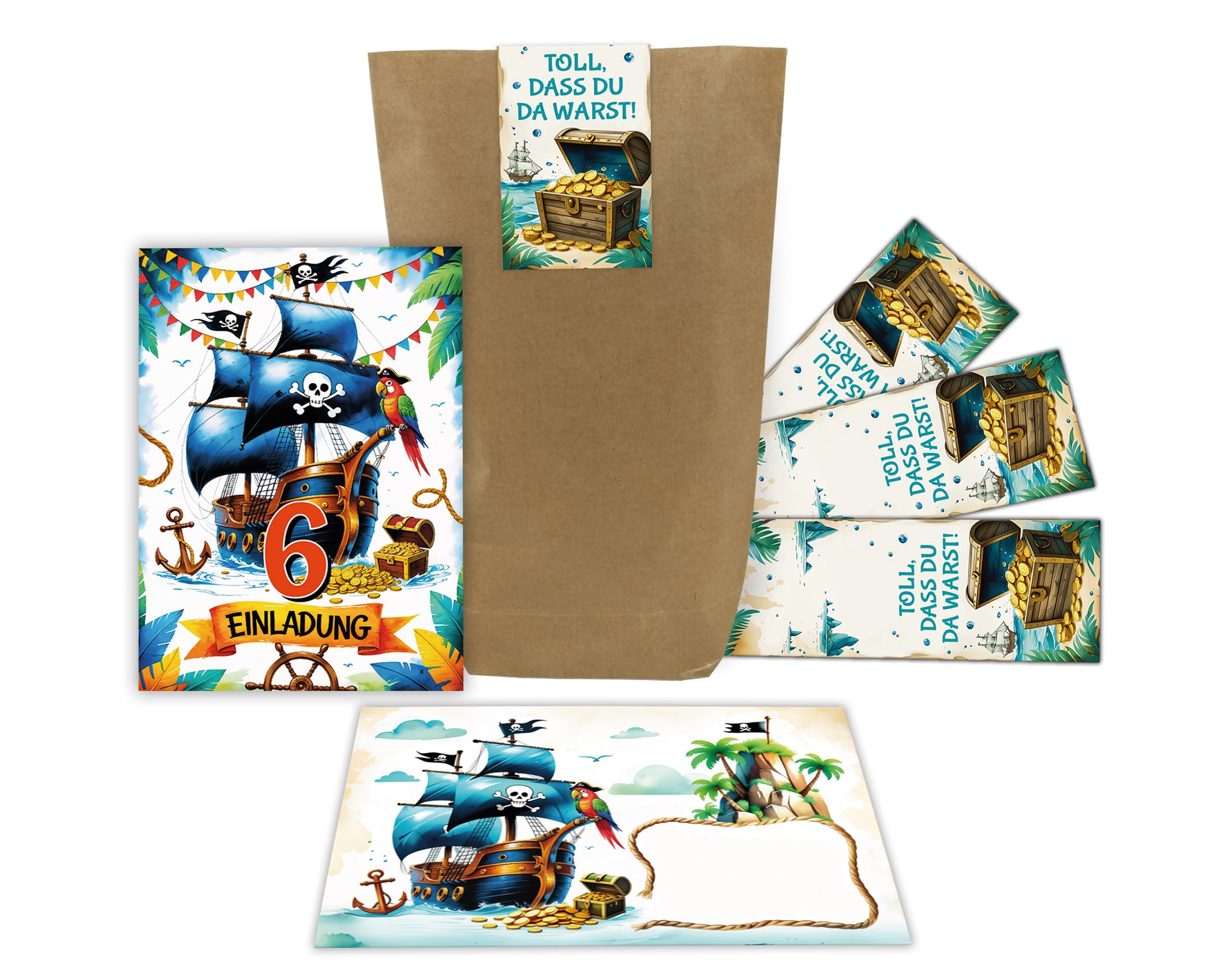 12 Einladungskarten zum 6. Kindergeburtstag Pirat Schiff Jungen Mädchen Kinder coole bunte Einladungen sechste Geburtstag Geburtstagseinladungen Kids inkl. 12 Umschläge, 12 Tüten, 12 Aufkleber