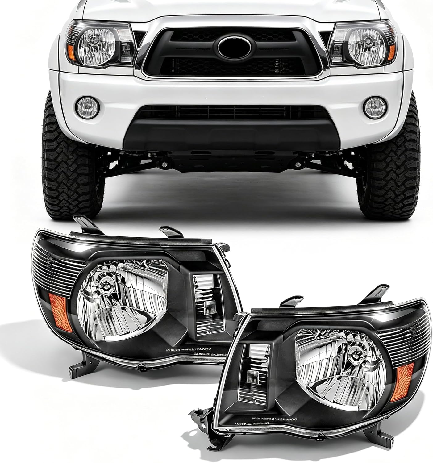 PartsFlow Left And Right Side Halogen Headlight Black Housing Clear Lens For 2005-2011 Toyota Tacoma 8115004163 8111004163