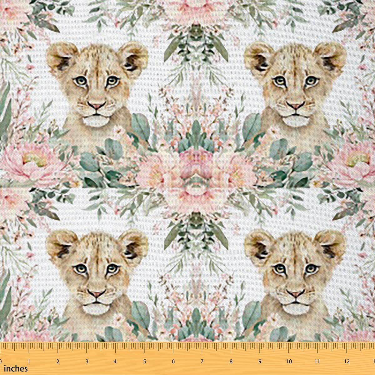 Cartoon Lion Decorative Fabric by The Yard Kids, Pink Floral Lion Print Upholstery Fabric, 3 Yards
