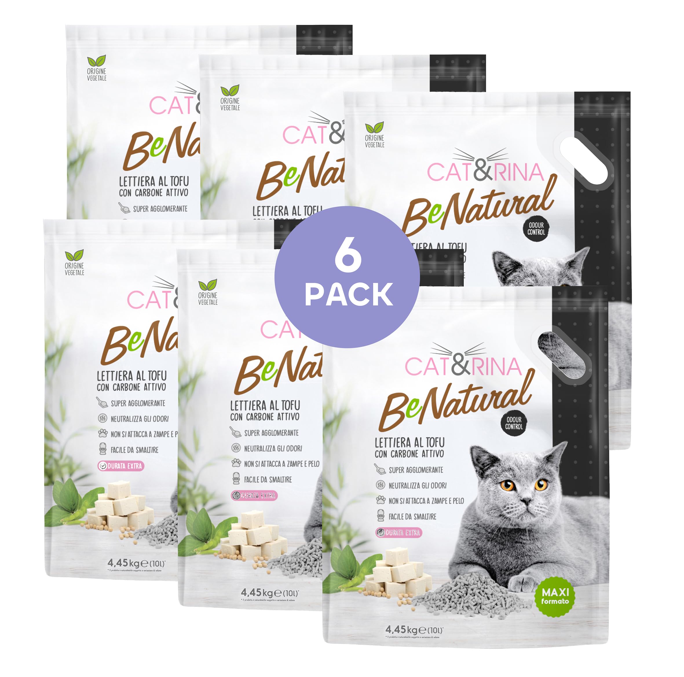 Cat&Rina BeNatural Lettiera per Gatti al Tofu, 10 L, 6 Pezzi | Agglomerante e Vegetale, Fino a 30 Giorni di Utilizzo, Smaltibile nell'Organico o nel WC, Anti Odore Carboni Attivi