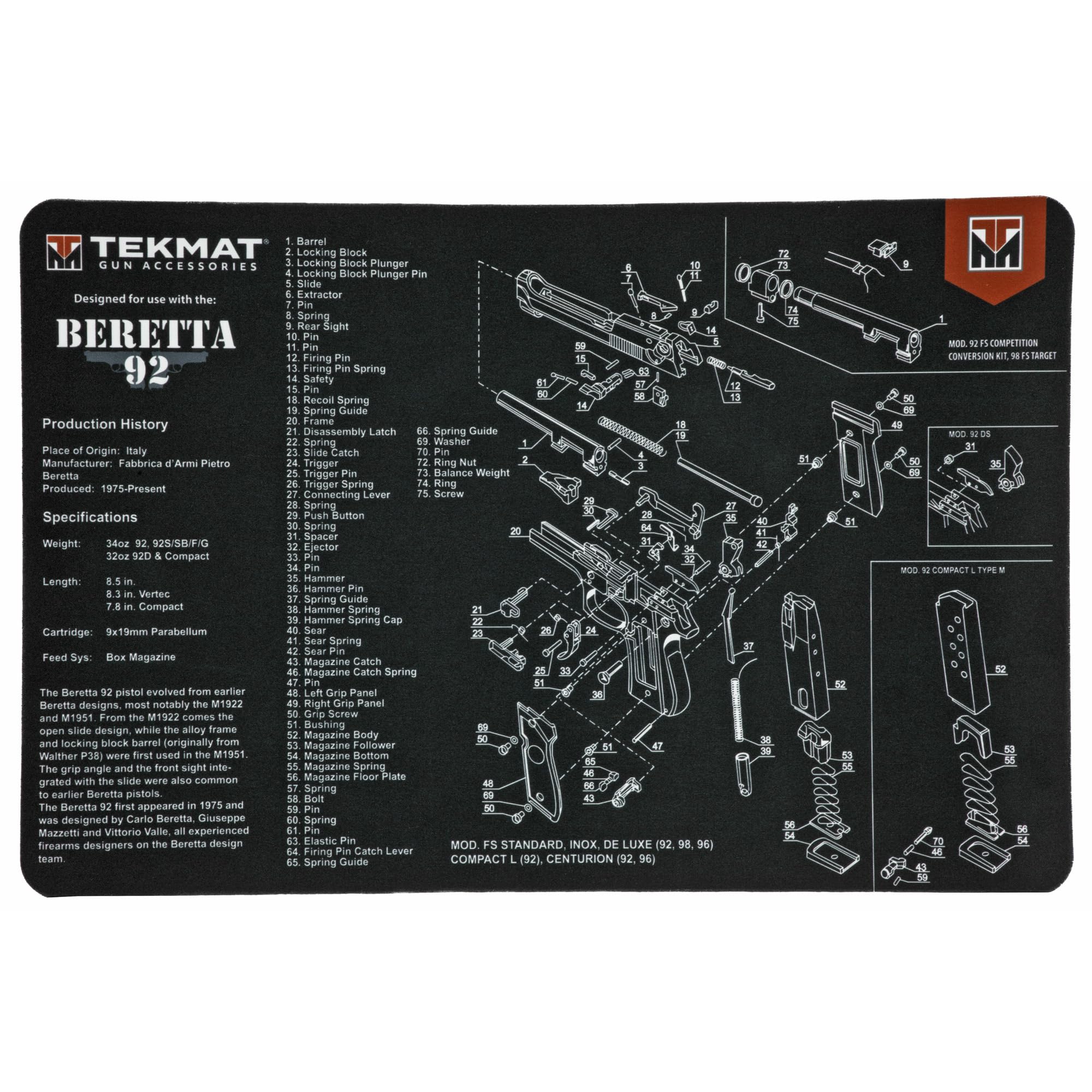 TekMat Beretta 92 Gun Cleaning Mat, Black