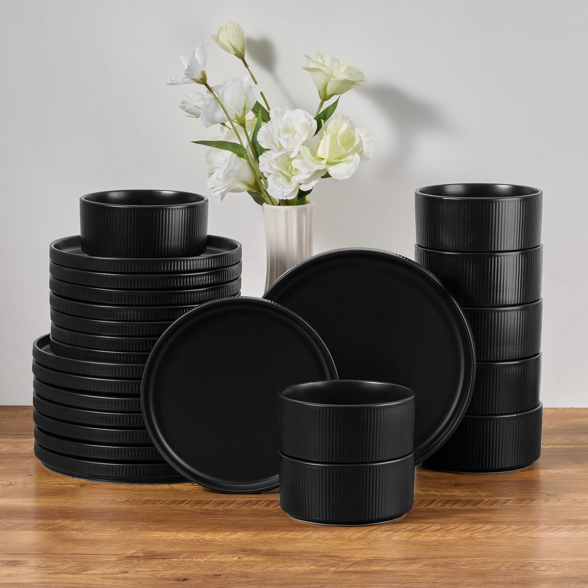 E-far 24-Piece Stoneware Dinnerware Sets, Plates and Bowls Sets for 8, Kitchen Dinning Porcelain Ribbed Dishes Set, Chip &amp; Scratch Resistant, Dishwasher &amp; Microwave Safe, Matte Black