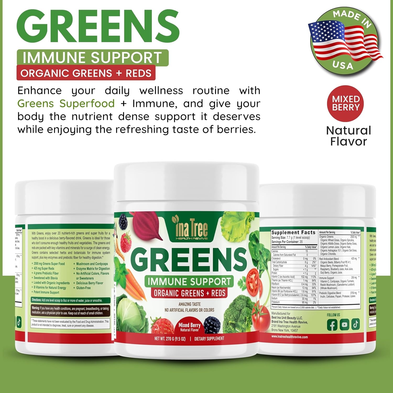 Greens Powder Immune Support, Superfood Blend with 20 Organic Greens & Superfruits, Boost Energy Level, Digestive Enzymes & Prebiotic Blend, Natural Mixed Berry Flavor (9.5 Oz) - Image 5
