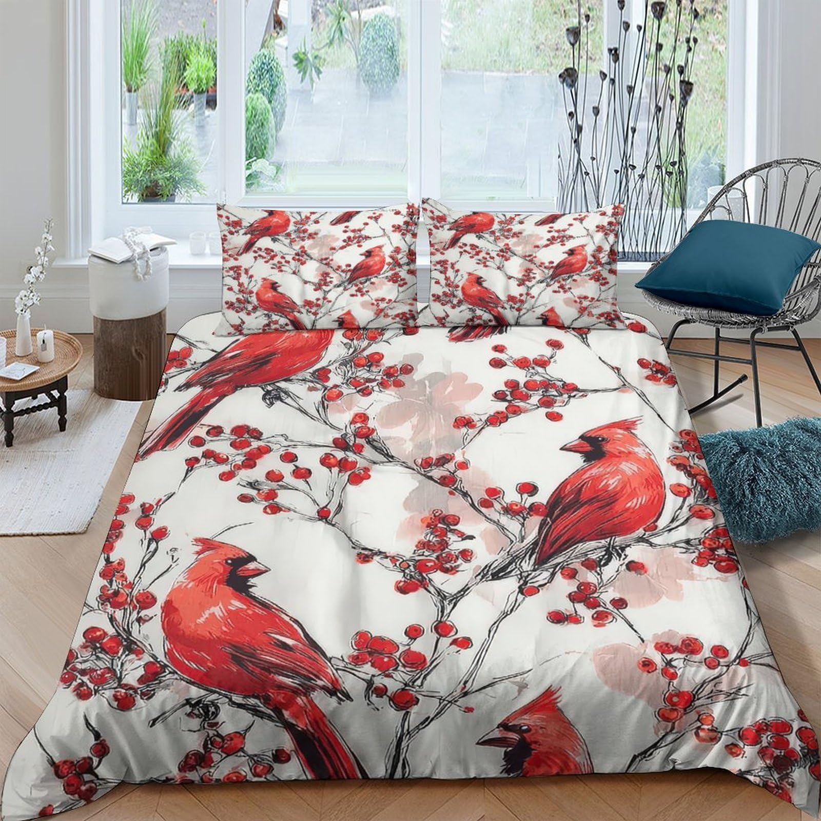 Ctjqhvkz Style-10 3D Printed Red Cardinal Birds Fitted Sheet Microfiber Soft Anti-Slip Floral Branch Bed Cover Bedroom Decor Single（135X200cm）