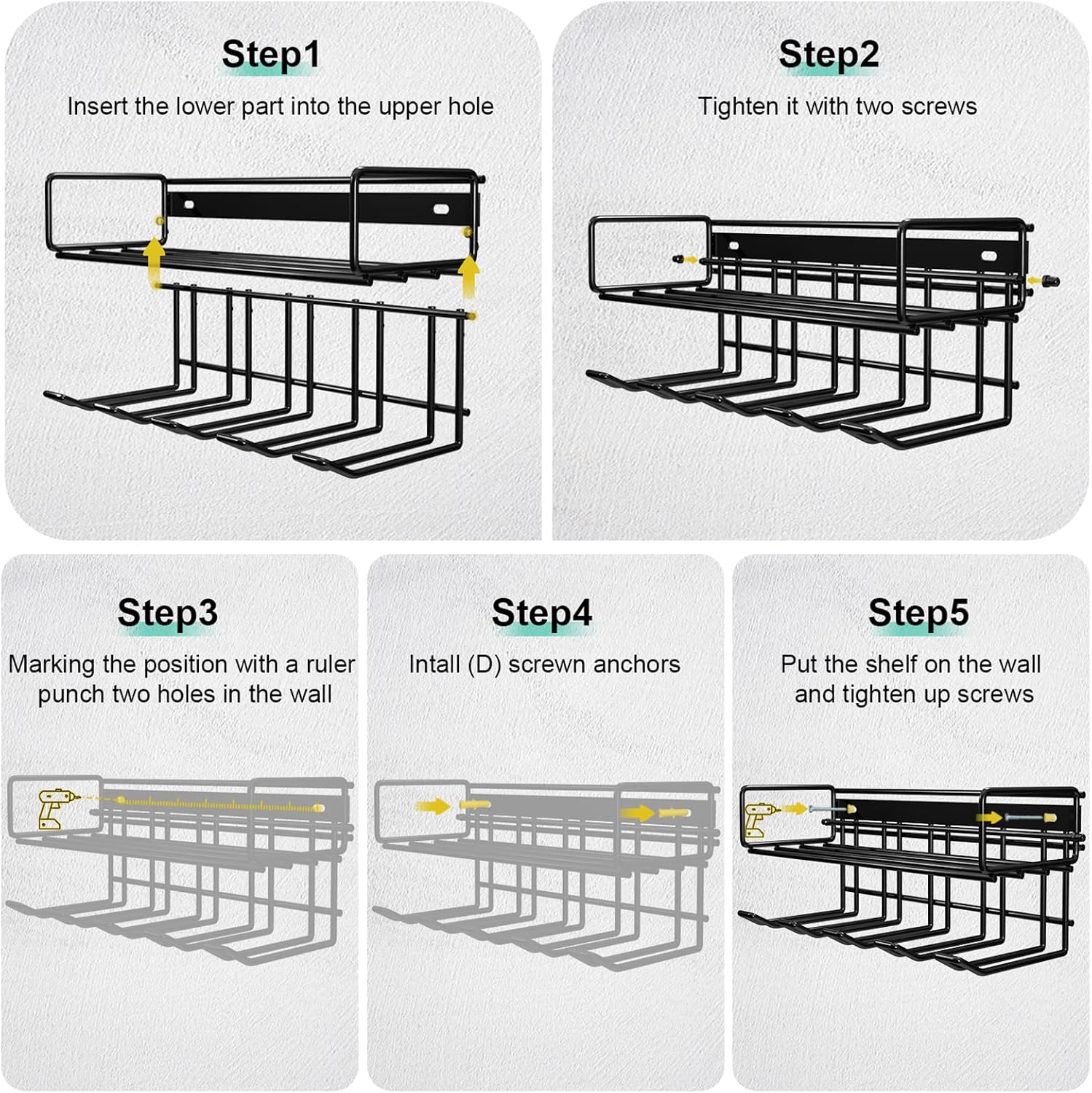 JULINE Power Tool Organizer, 2 Layers Heavy Duty Garage Tool Organizer and Storage Wall Mount, Garage Organization with 5 Drill Holders suit for Screwdriver Pegboard Shed Workshop (Black)