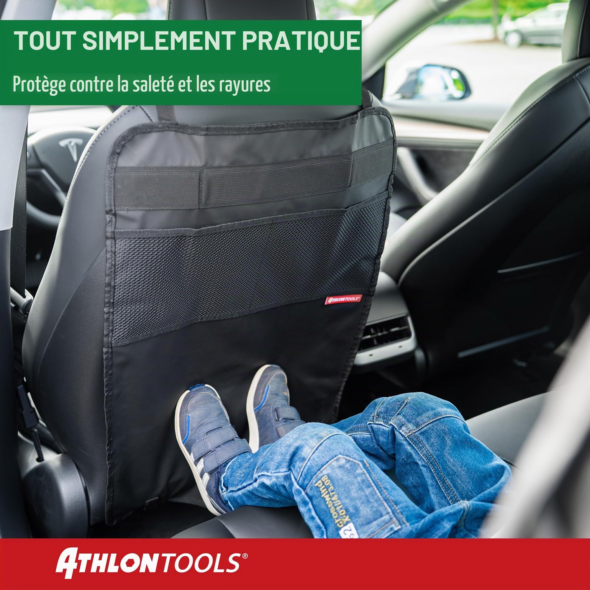 ATHLON TOOLS Protège-Dossier de Siège Auto avec Poches de Rangement en Maille - Kick Mat Renforcé et Imperméable - Résistant à la Saleté - Facile d'entretien - Universel pour Voiture