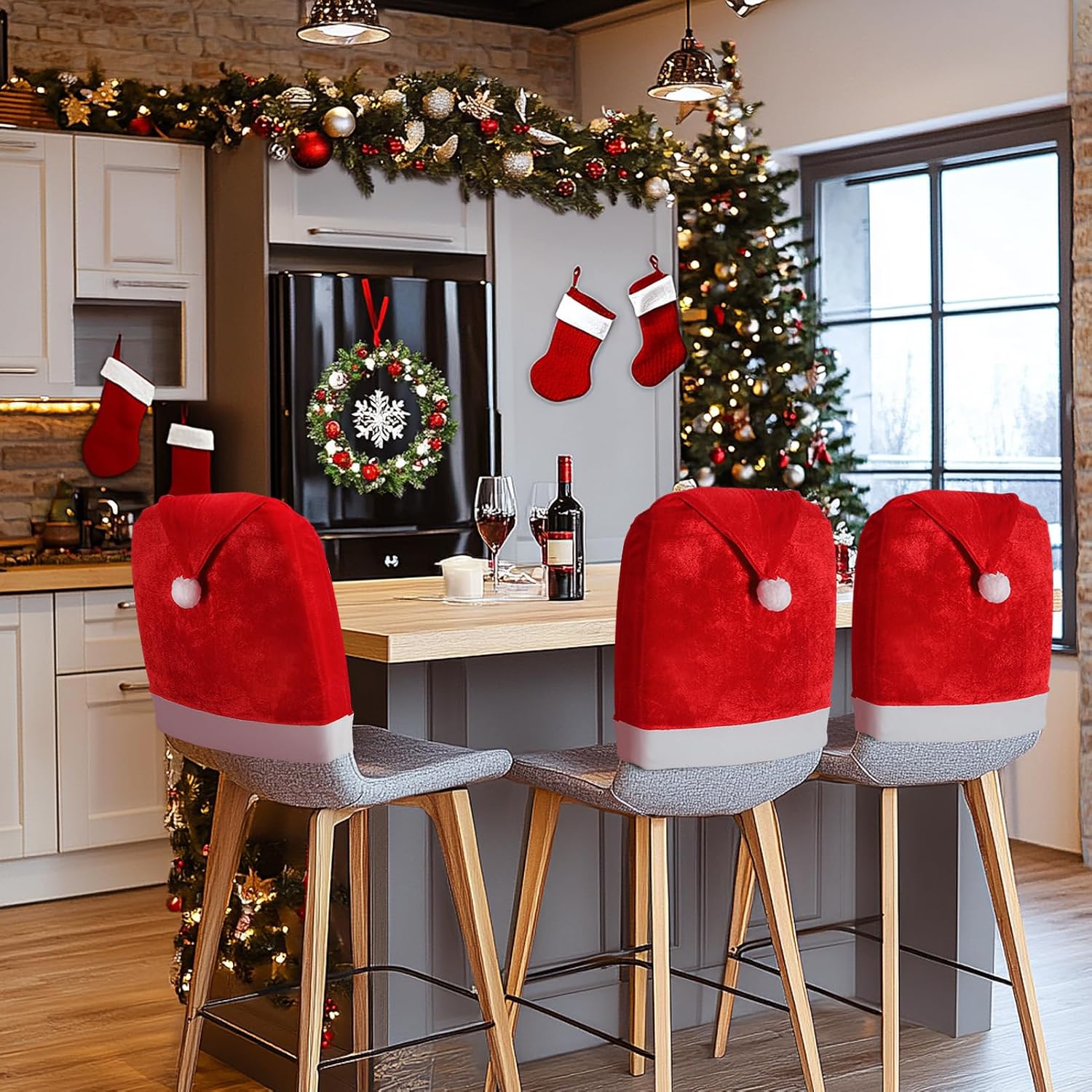 ANPHSIN Velvet Christmas Chair Covers - Santa Hat Chair Back Covers, Red Dining Table Seat Slipcovers Set of 6 for Xmas Holiday Party Banquet Home Decoration