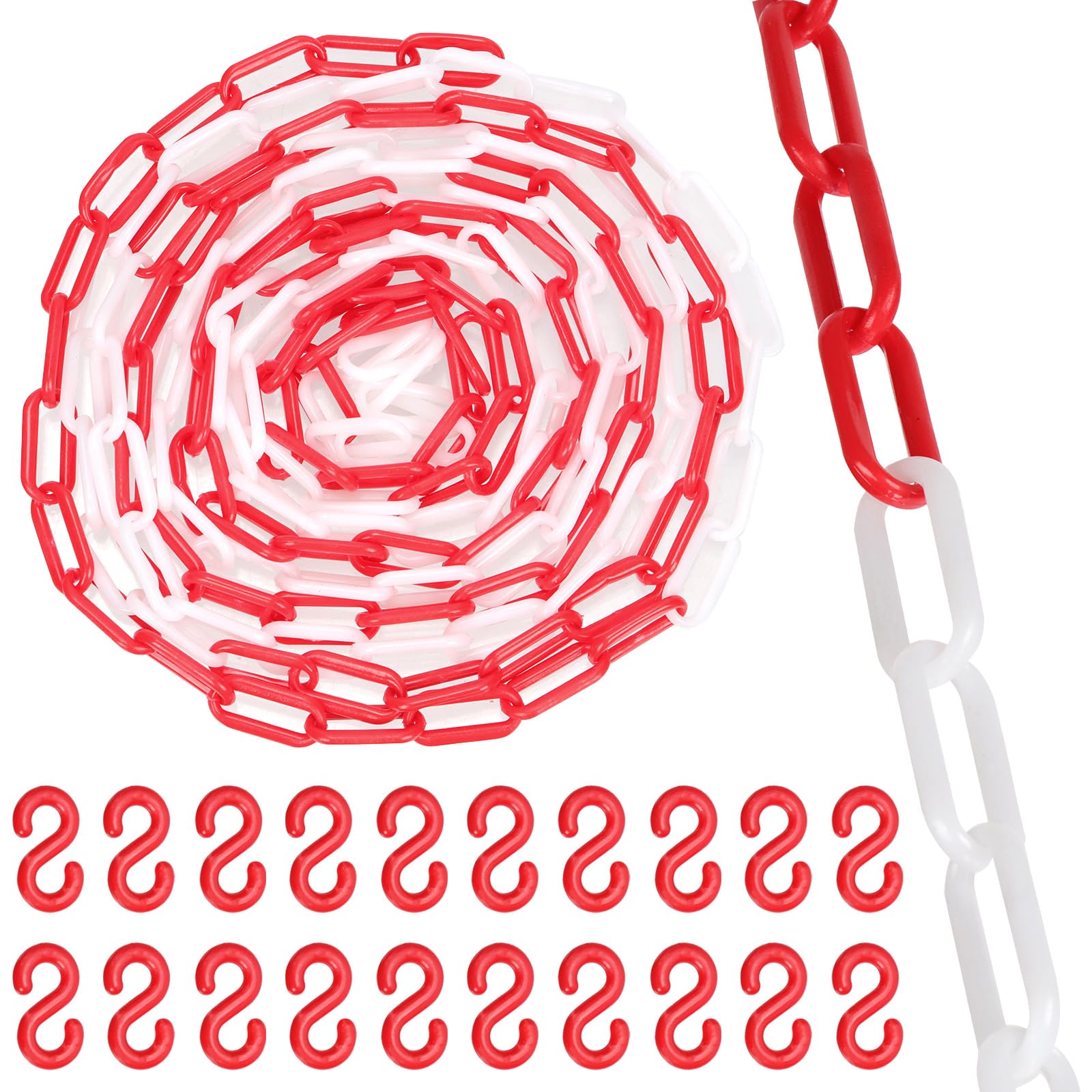 Swpeet Łańcuch ogrodzeniowy, plastikowa bariera łańcuchowa do kontroli tłumu, ruchu, kolejkowania (czerwona i biała) 21 szt. 5 m x 6 mm plastikowy łańcuch z hakami S