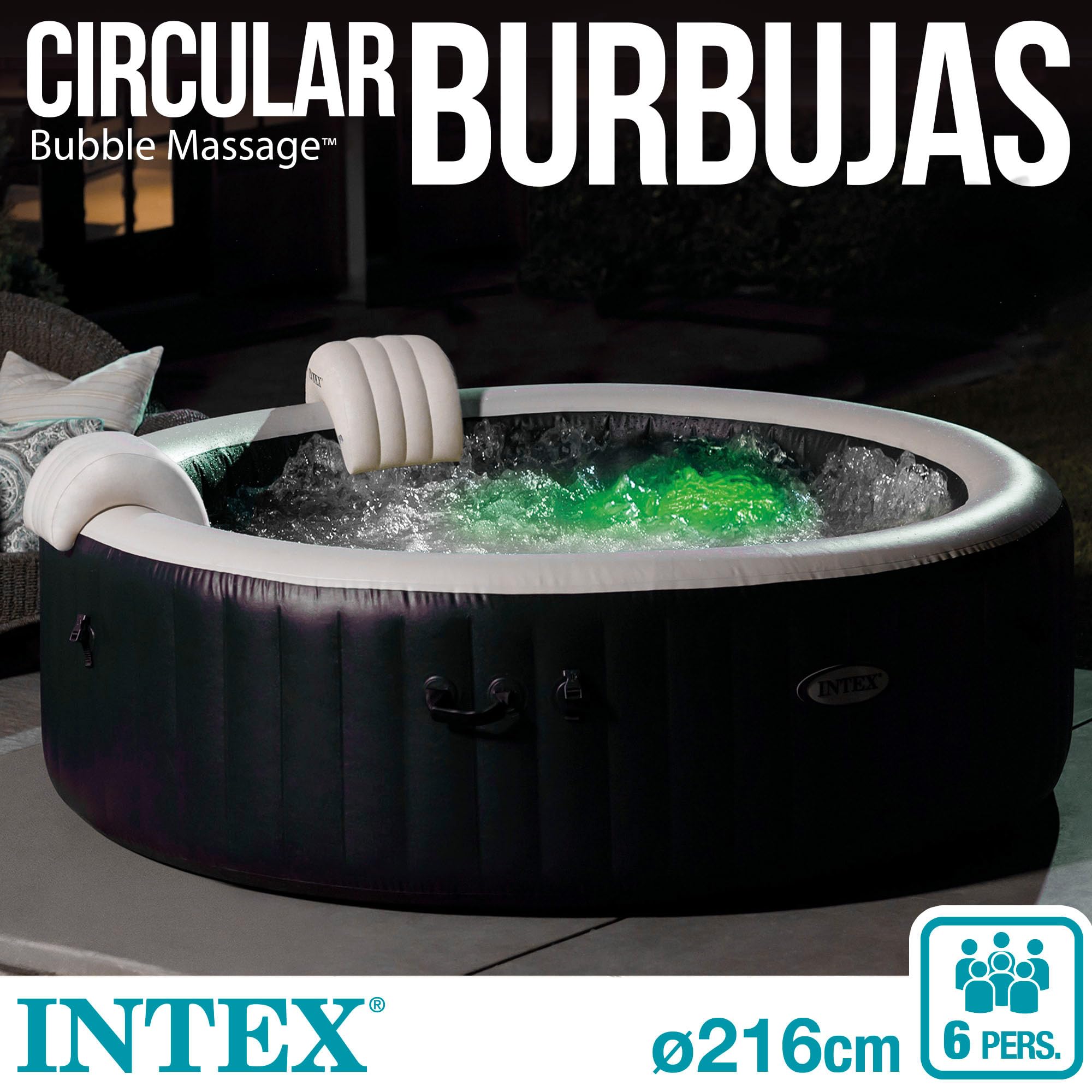 Intex SPA Hinchable Circular, 6 Personas, Ø216x71, Calentador hasta 40ºC, 170 Salidas de Burbujas, Suelo térmico, Depuradora Filtro S1, Accesorios incluidos (55089)