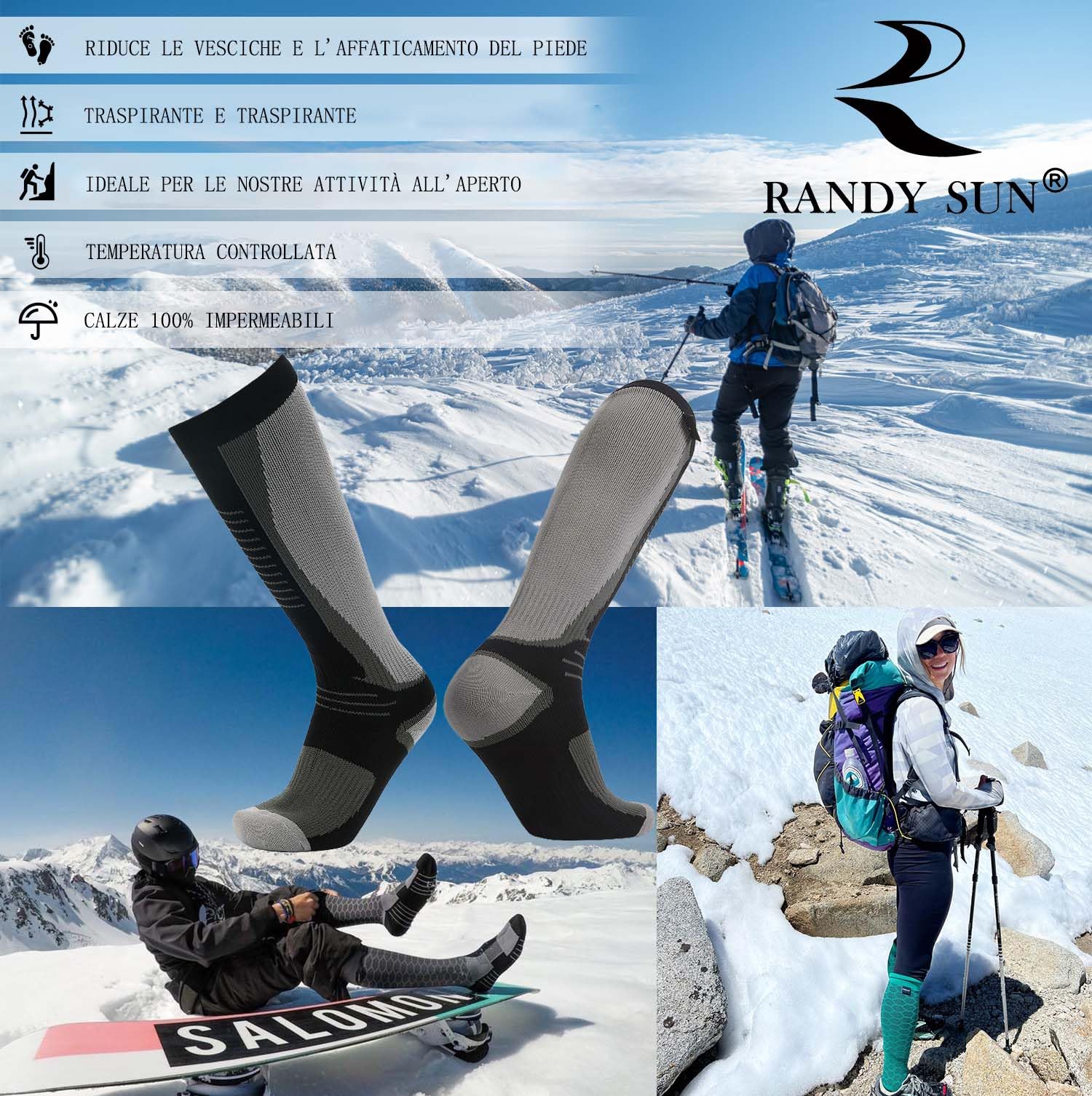 RANDY SUN Chaussettes en Hautes Imperméables pour Femmes Hommes Etanche Respirant Résistant au Froid,Sports de Plein air Nautiques vélo Randonnée Aviron Moto Chasse pêche ski,1 Paire XS