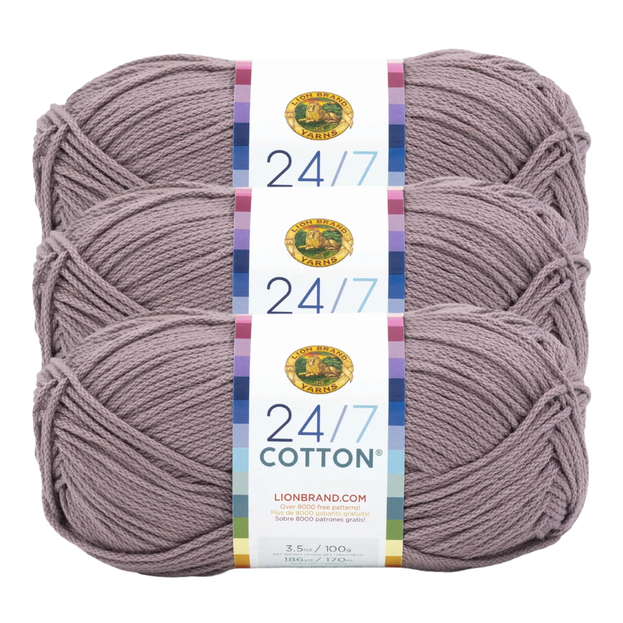 Lion Brand Yarn, 24/7 Cotton Mercerized Lightweight Yarn for Knitting, Crochet, and Crafts, Vintage Lilac, 3 Pack, 185 Yards of Natural Fiber for Breathable Tops, Durable Bags, Easy-Care Dish Cloths — image 1