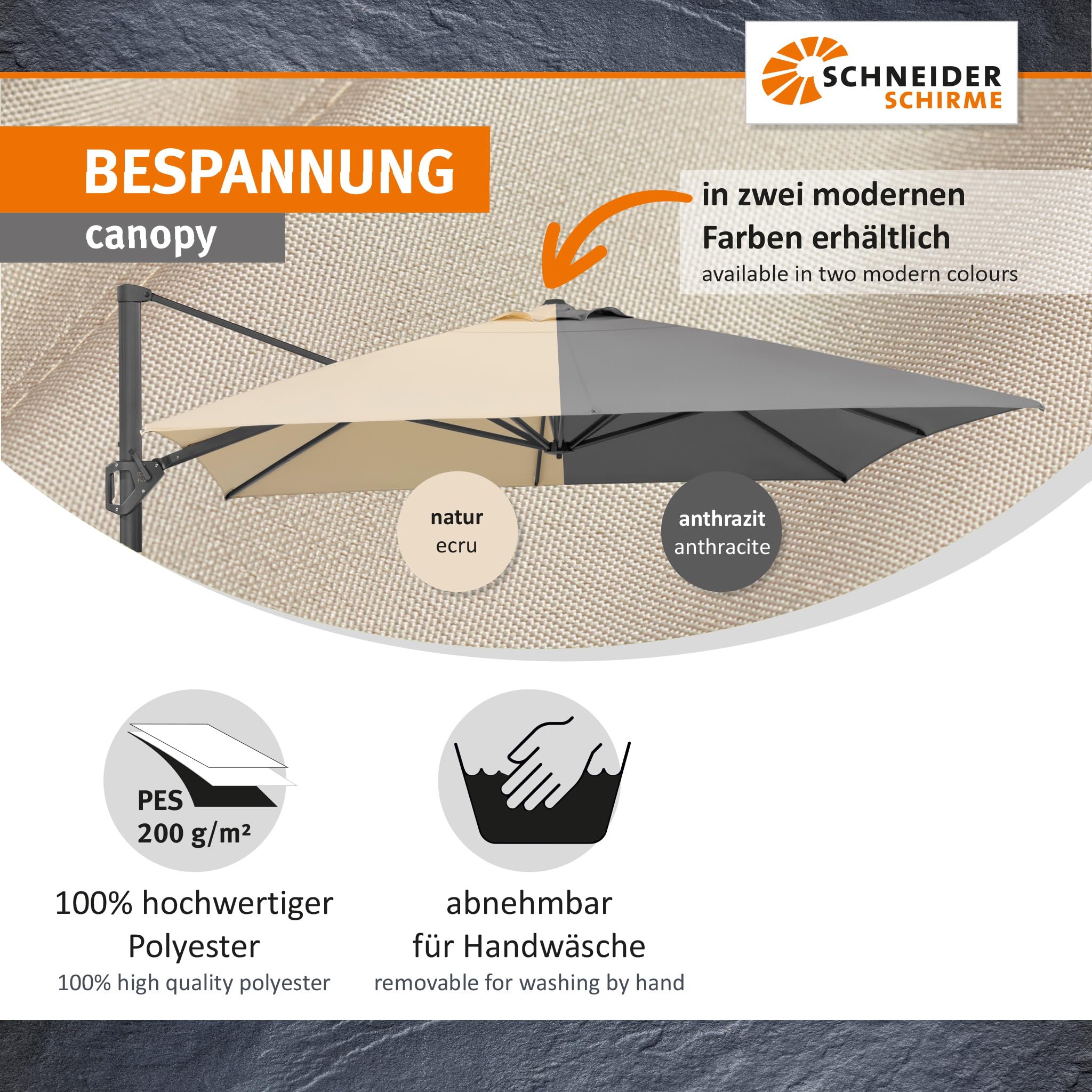 Schneider Ampelschirm TAVO 400 x 300 cm – UV-Schutz, 360° drehbar, neigbar, air-vent, lichtecht, inkl. Plattenständer & Schutzhülle – anthrazit/natur