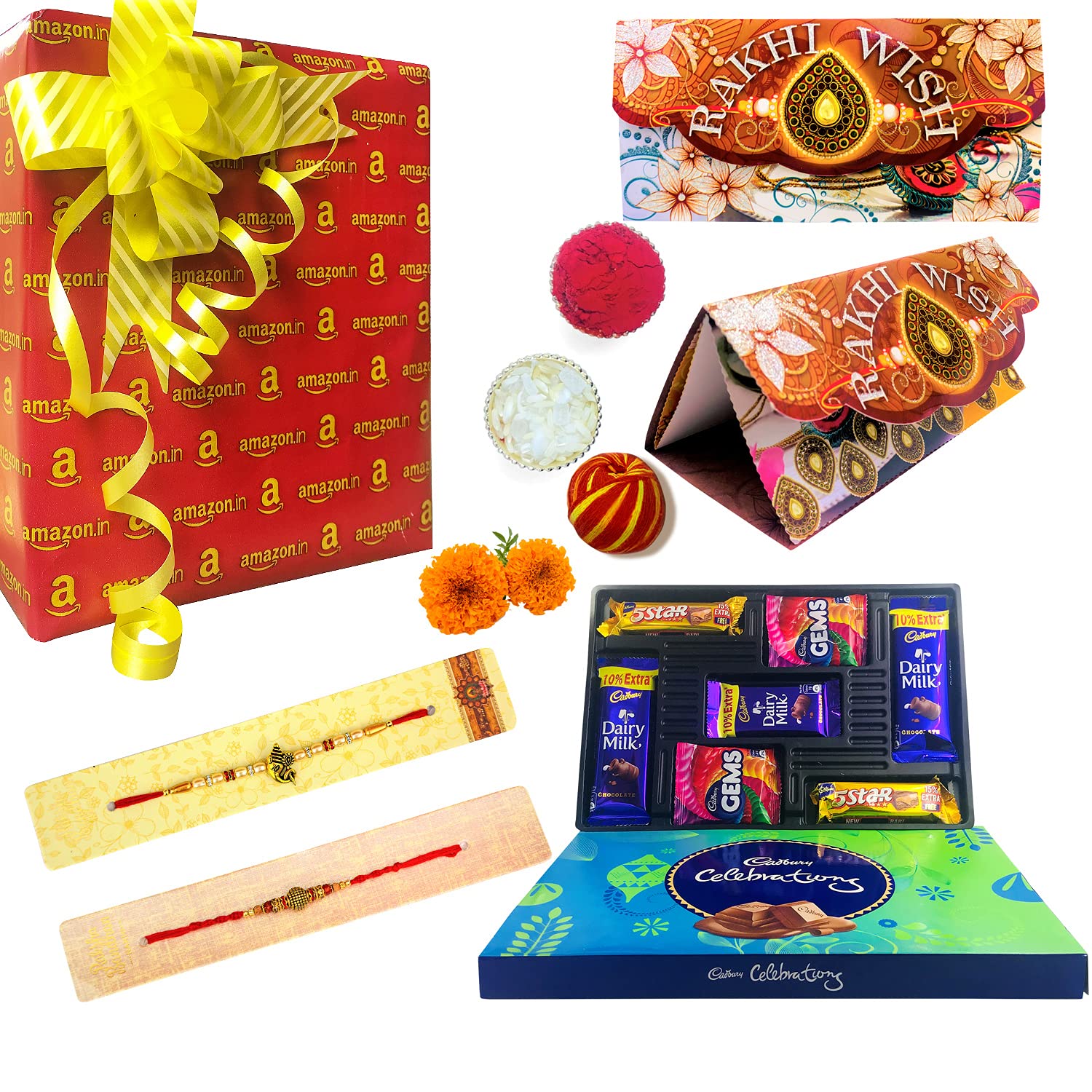 Almoda Creations Rakhi for Brother Chocolate, 2 Rakhi, Greeting Card, Cadbury Celebrations Festive Chocolate Gift Box, Tilak Pouch & Kalawa Roll, Rakhi Gift Pack, Custom Rakhi Message
