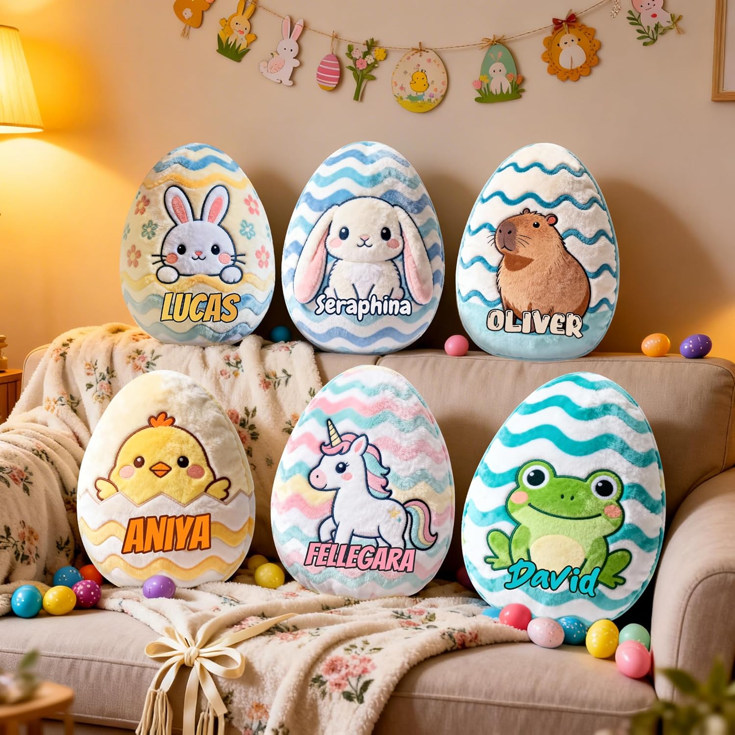 Personalized Easter Egg Pillows- Custom Name Bunny Pillow, Soft Rabbit Pillows Decor for Home Bed Living Room Bedroom Couch Sofa Car Office Chair Easter Decorations, 7 Sizes (8” to 24”)