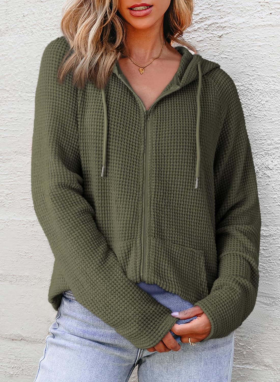 Dokotoo Women's Full Zip Up Hoodies Waffle Knit Long Sleeve Drawstring Casual Sweatshirt Hooded Tops - Image 4