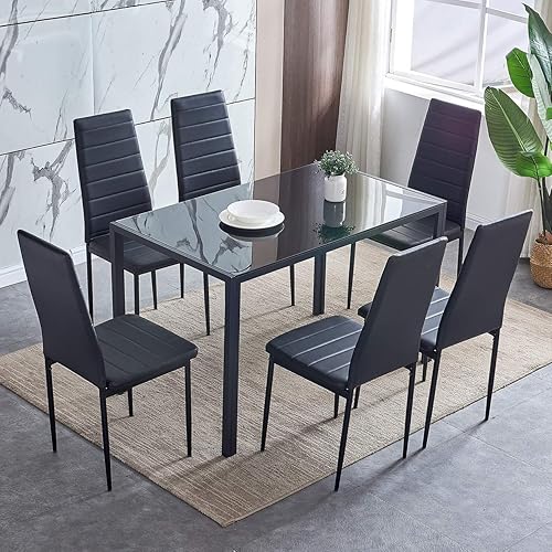 Juego de 7 sillas de mesa de comedor, mesa de comedor rectangular de cristal negro y 6 sillas de comedor de piel sintética negra, juego de comedor