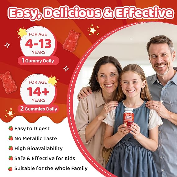 Iron Supplement Gummies for Kids, Kids Multivitamin with Iron - Zinc, Vitamin B Complex, A, C, D, B6, B12, Turmeric Extract, Biotin for Blood Builder & Energy Support, Iron Deficiency, Vegan 60 ct