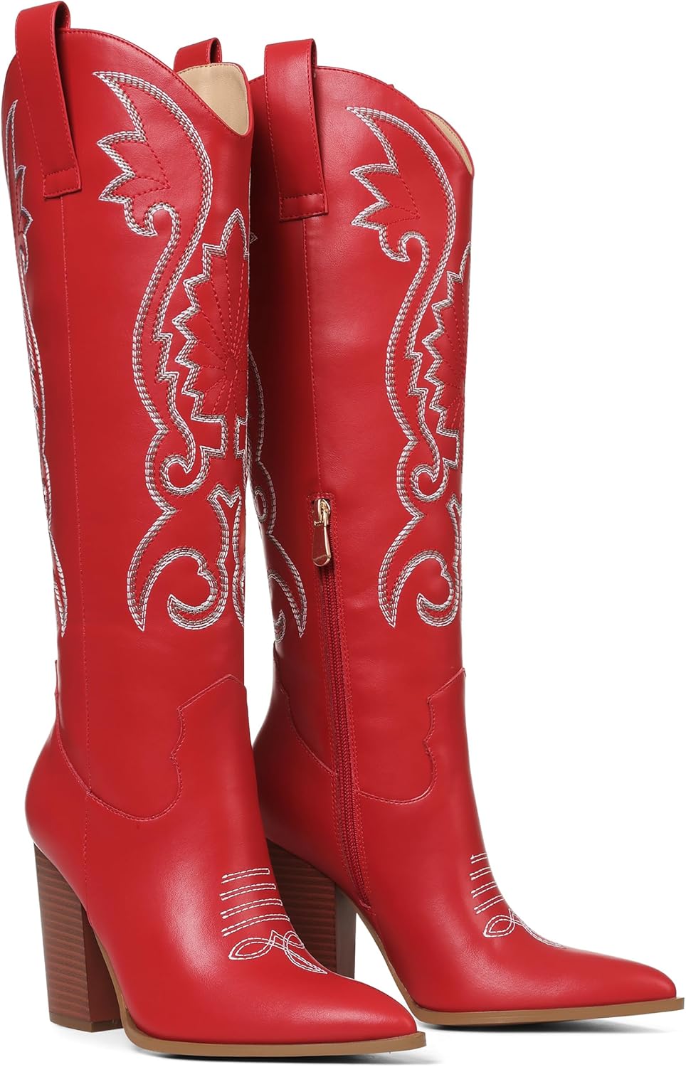 VOMIRA Knee High Cowboy Boots for Women Pointed Toe Chunky High Heels Pull-on Embroidered Boots Western Boots Wide Calf Cowgirl Boots - Image 4