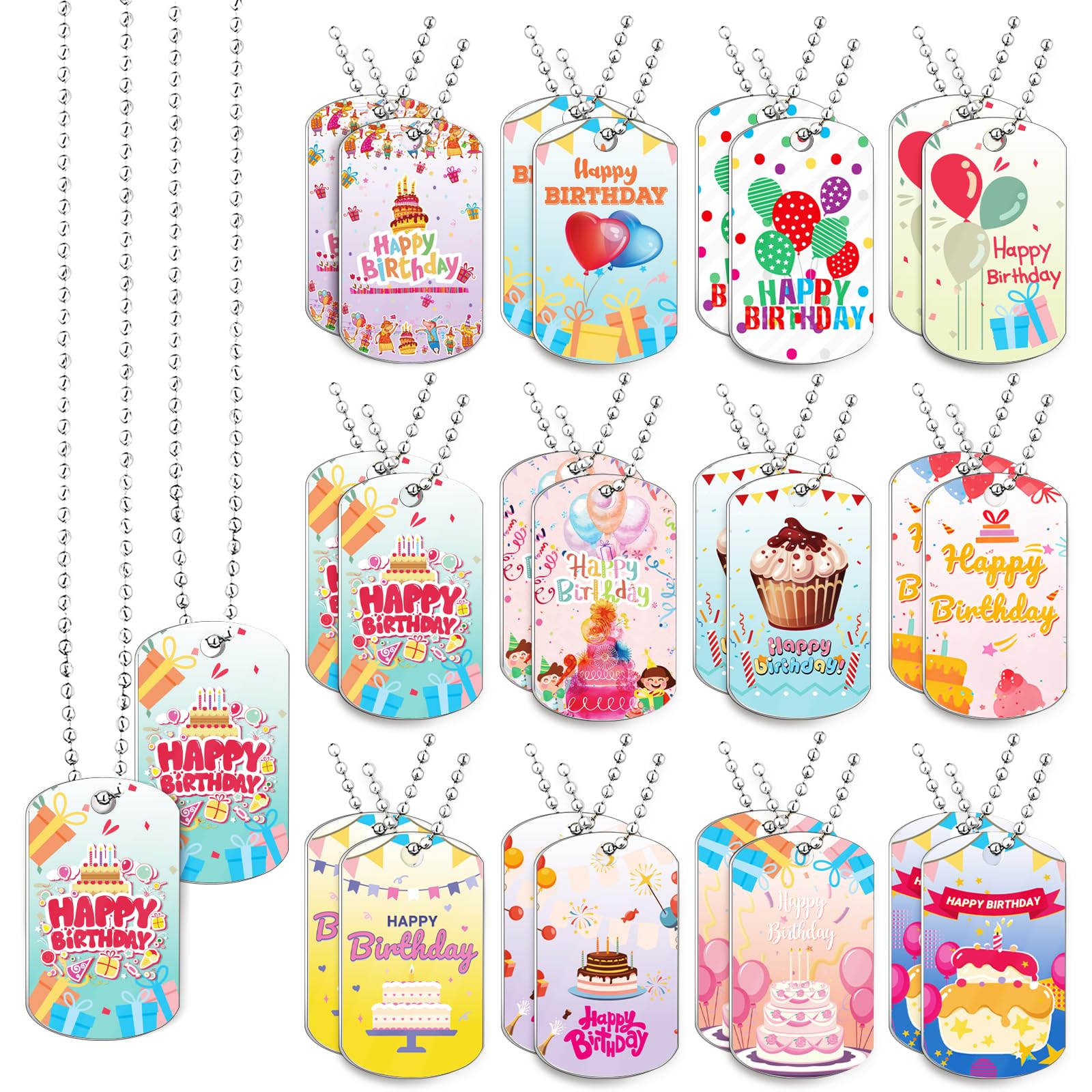 soleim 24 Piece Happy Birthday Dog Tag Necklace Set, Birthday Colorful Necklaces for Inspirational Party Favors, Sunday School Prizes and Gifts
