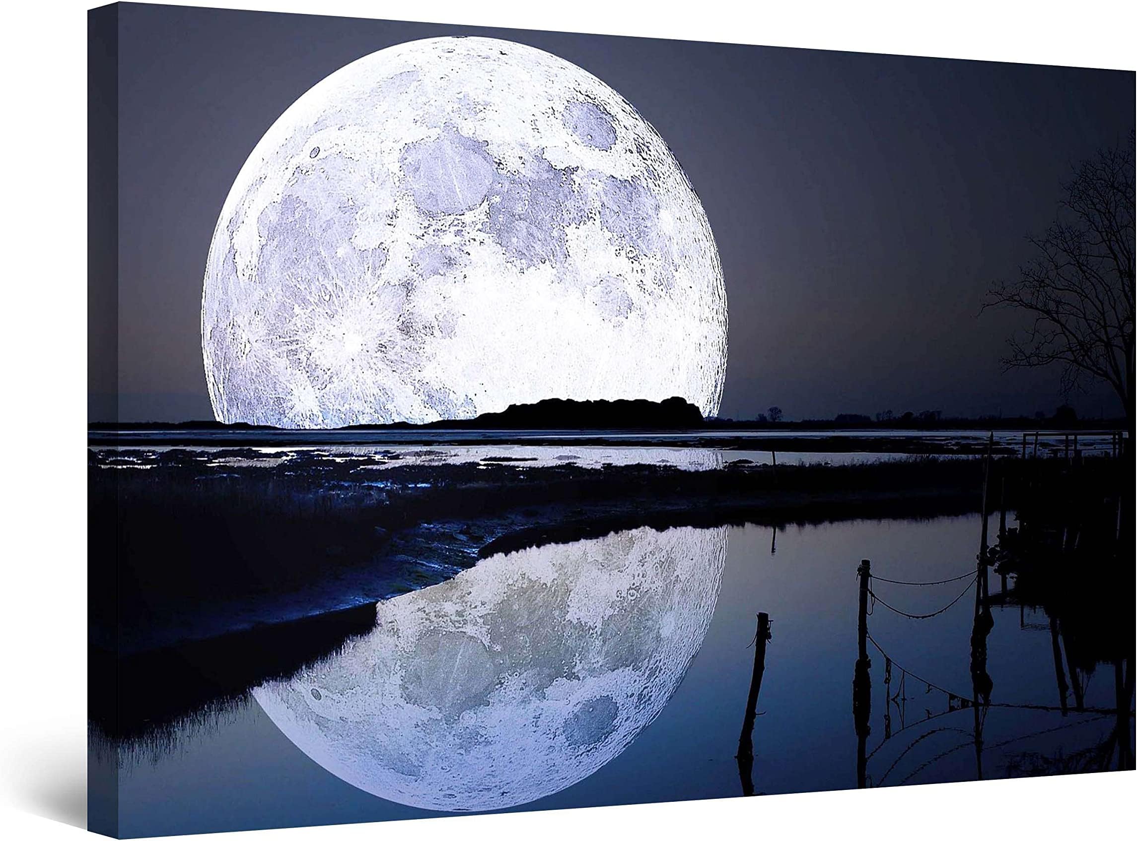 Canvas Wall Art - Full Moon Water Reflection, Sky Picture Stretched and Framed Photo Print, Modern Artwork for Bedroom or Living Room Office, Ready to Hang Home Decor 32" x 48"