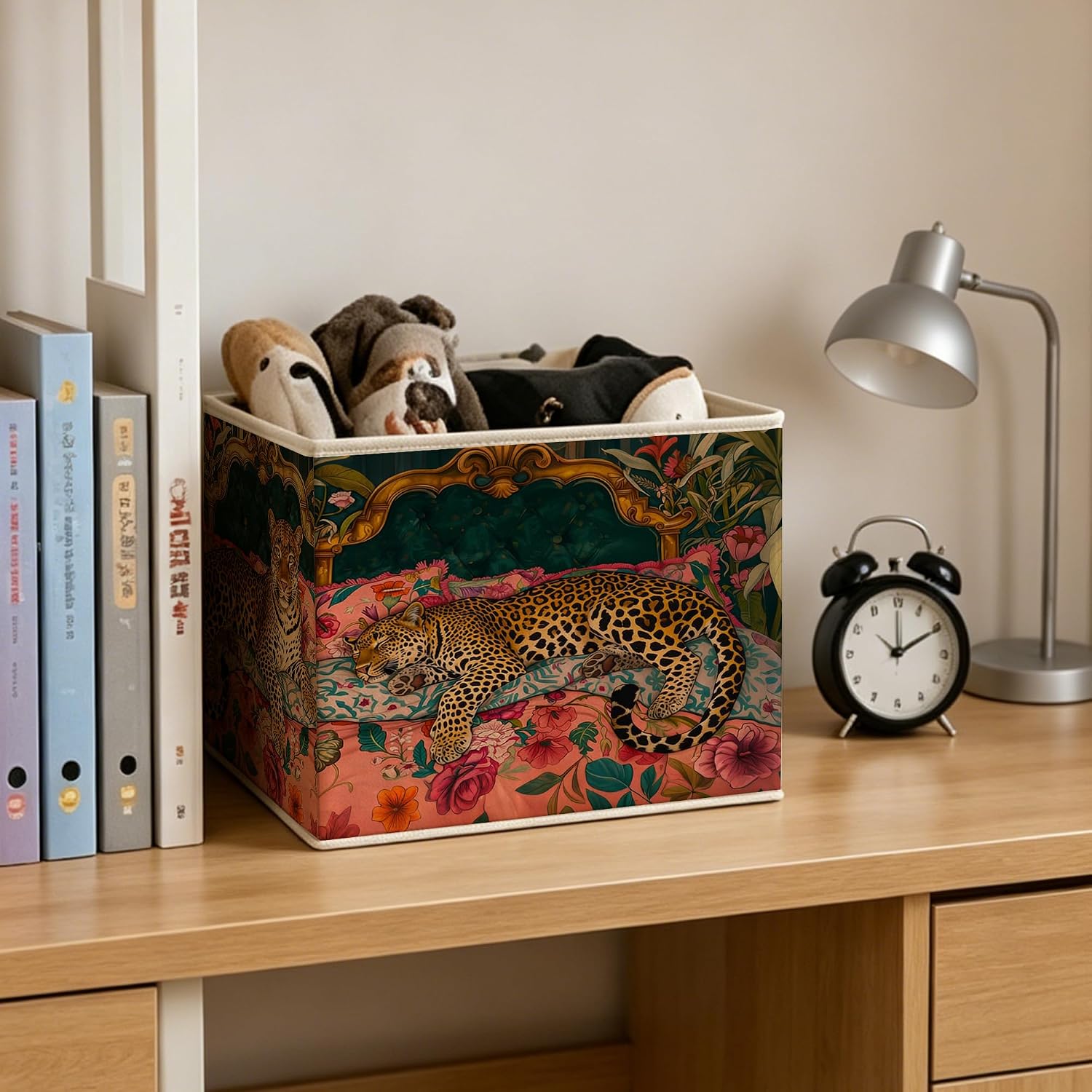 Maximalist Pink and Emerald Green Leopard Storage Basket Bin with Handles, Eclectic Funky Y2k Jungle Animal Cheetah Collapsible Fabric Storage Organizer for Shelves Closet Clothes Toys