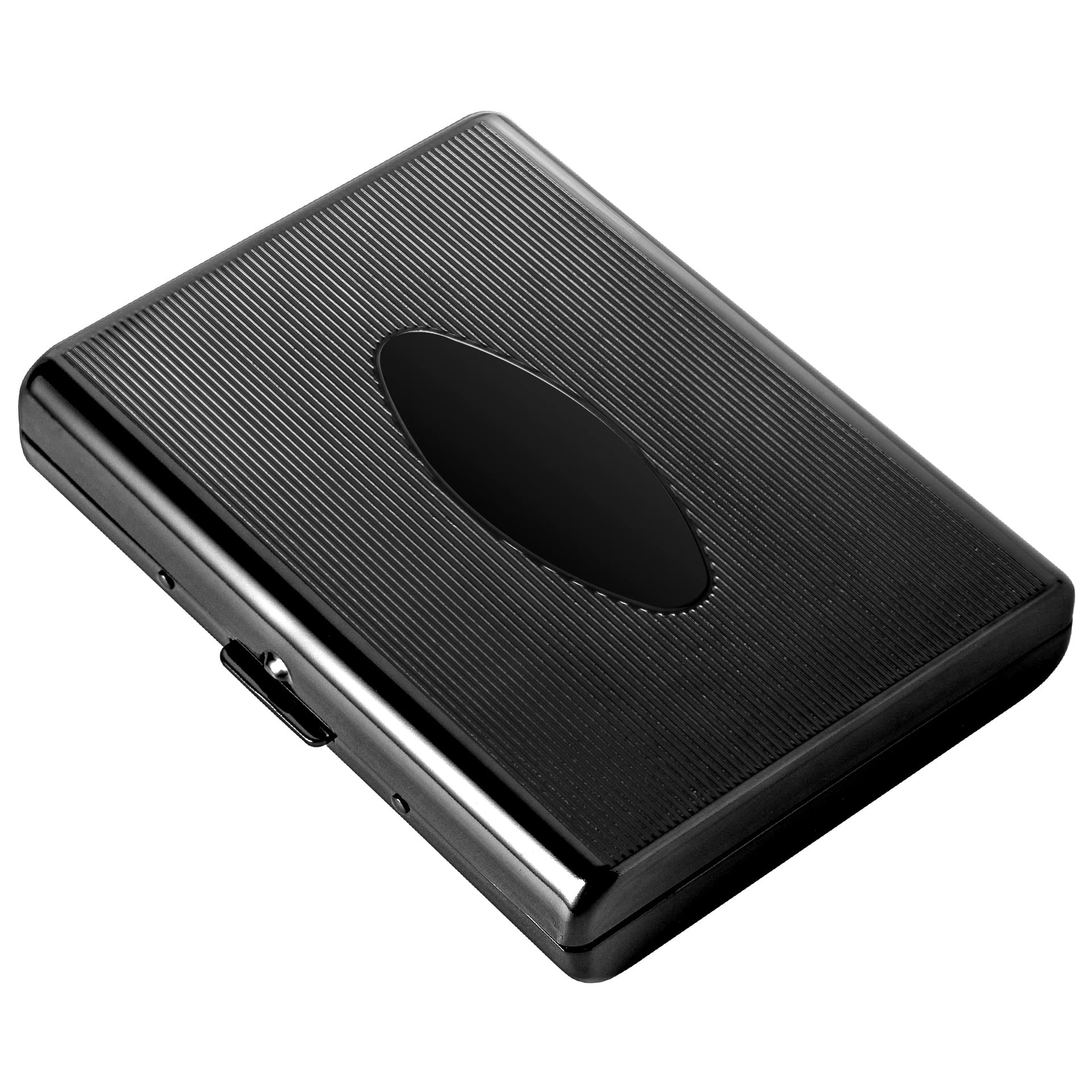 Metal Cigarette Case - Women and Men, Portable Double Sided Spring Clip Cigarette Case, Holds 18 Regular Size Cigarettes, Fits 100mm Cigarettes (Oval Black)