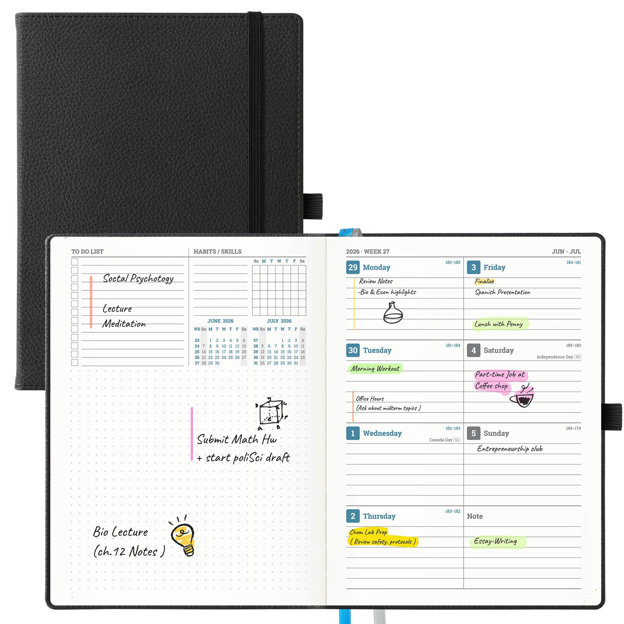 IN-LUXPRO Academic Diary 2026-2027: A5 Week to View (21.8x16.4cm) 12 Months(Jul'26 - Jun'27) Soft Cover New Layout, Weekly & Monthly Planner with Month Tabs & Inner Pocket, PU Leather Black