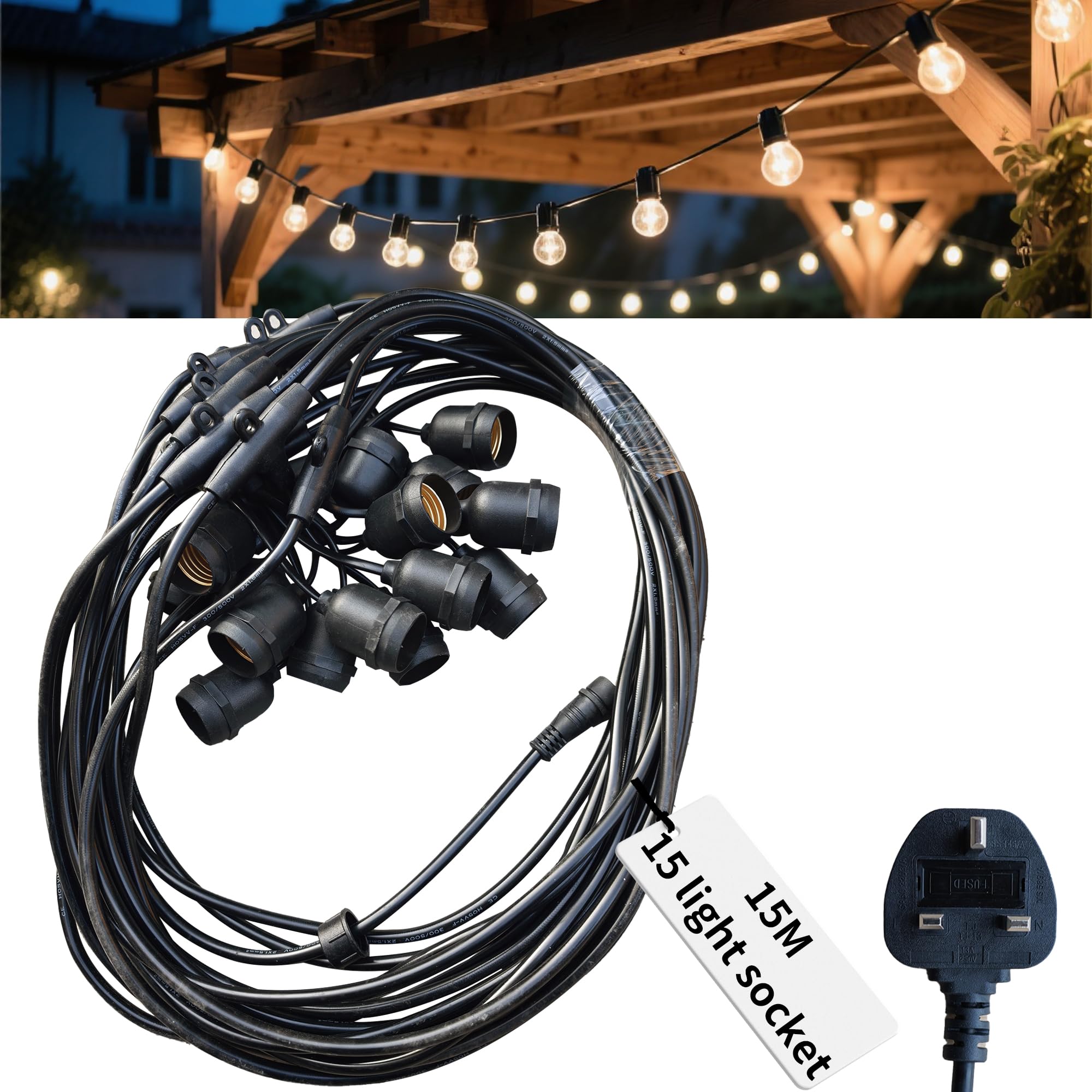 KarlpaSW Outdoor String Lights Mains Powered 15M/49FT,Festoon Lights Outdoor Mains UK Plug Max Load 800W.Connectable in Series 15 E27 Sockets for Outside Courtyards Balconies(Bulb Not Included)